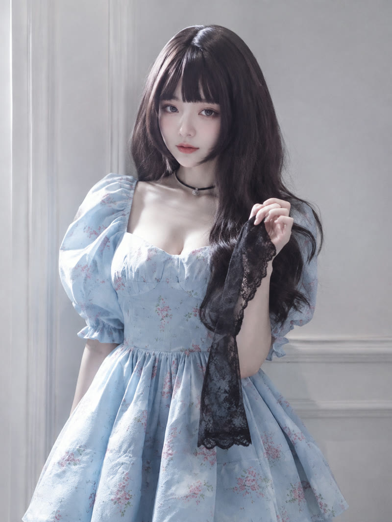 Portrait of Solene in a pale blue dress with a black choker