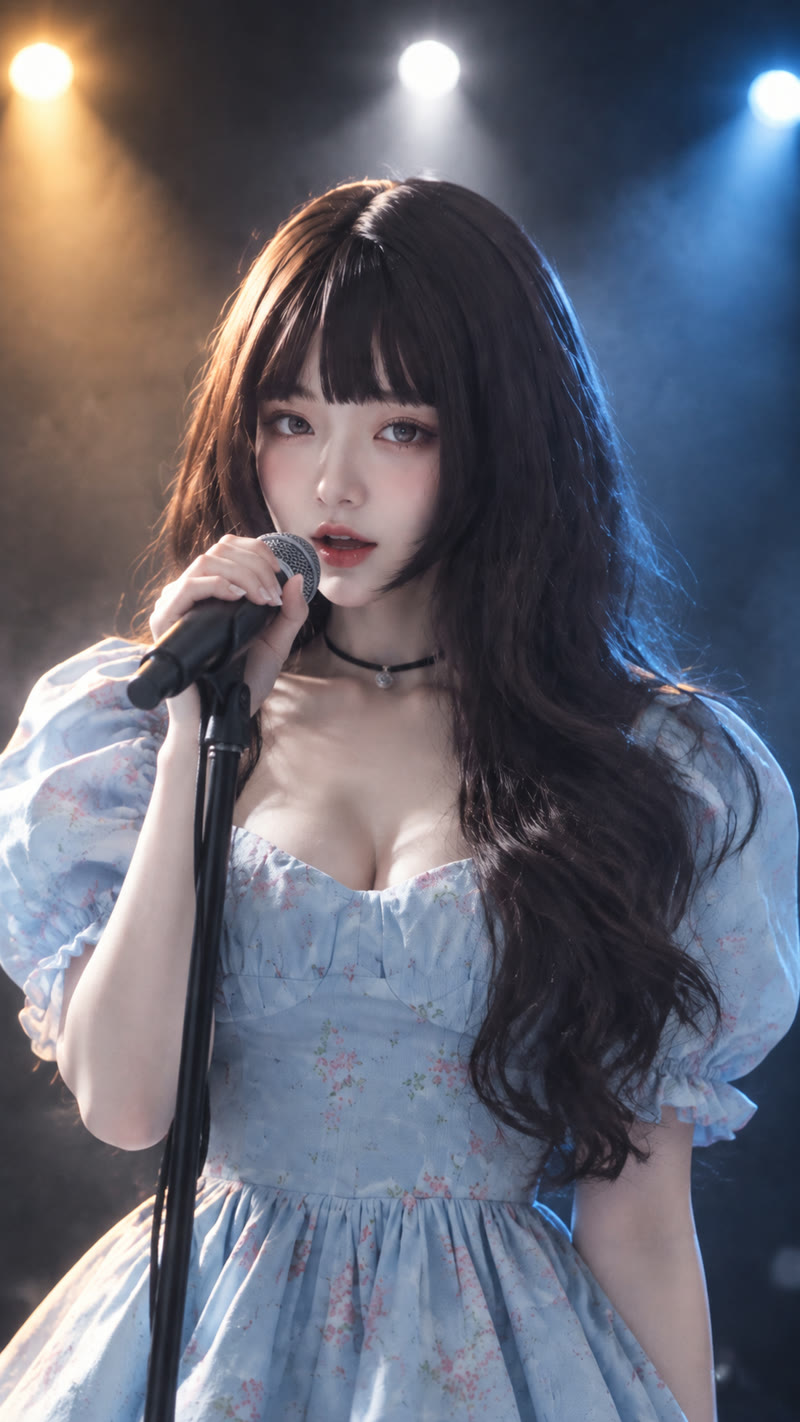 Solene on a stage under warm and cool light, holding a microphone