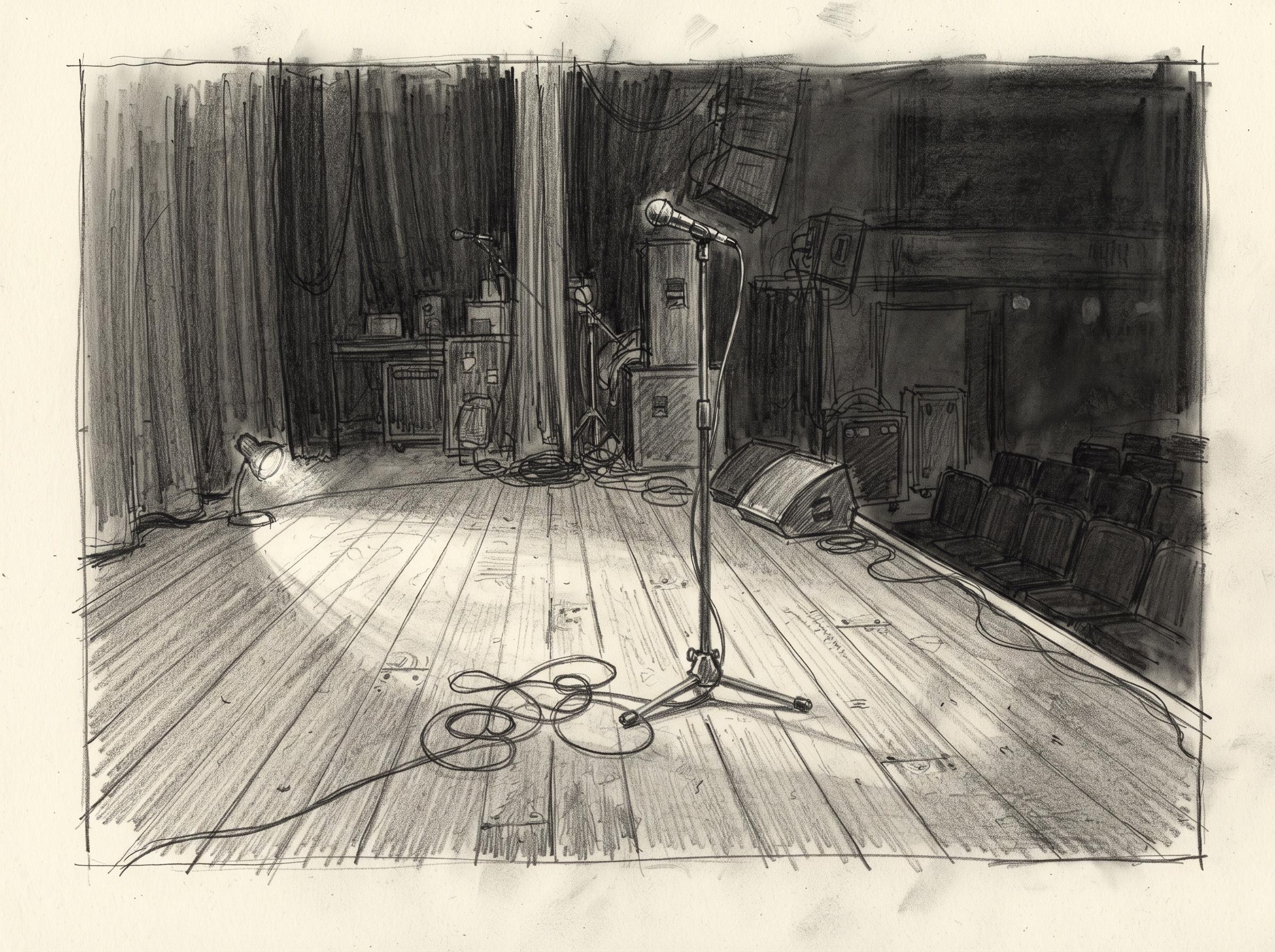 An empty stage, drawn in pencil