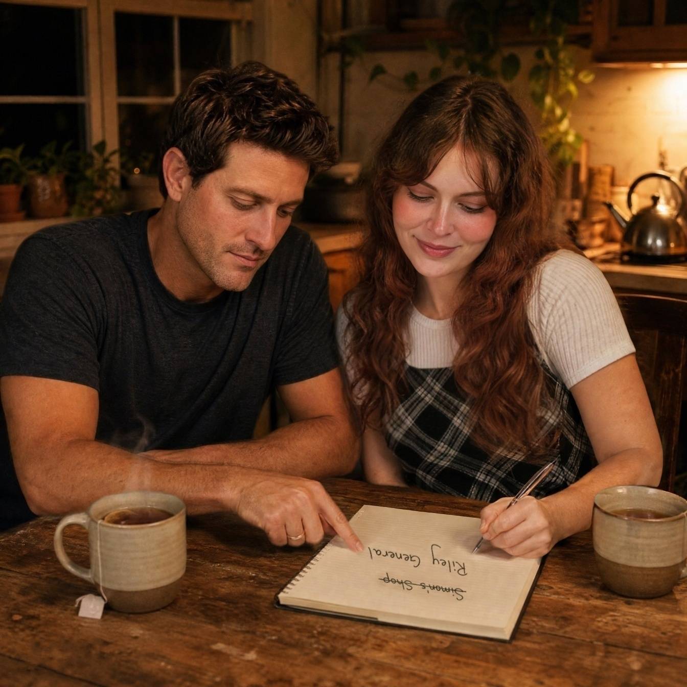 Simon and Candice planning Riley General Store at the kitchen table