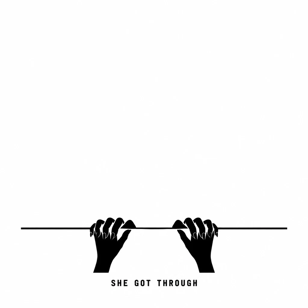 Stencil: two hands gripping a ledge, with the words SHE GOT THROUGH beneath them