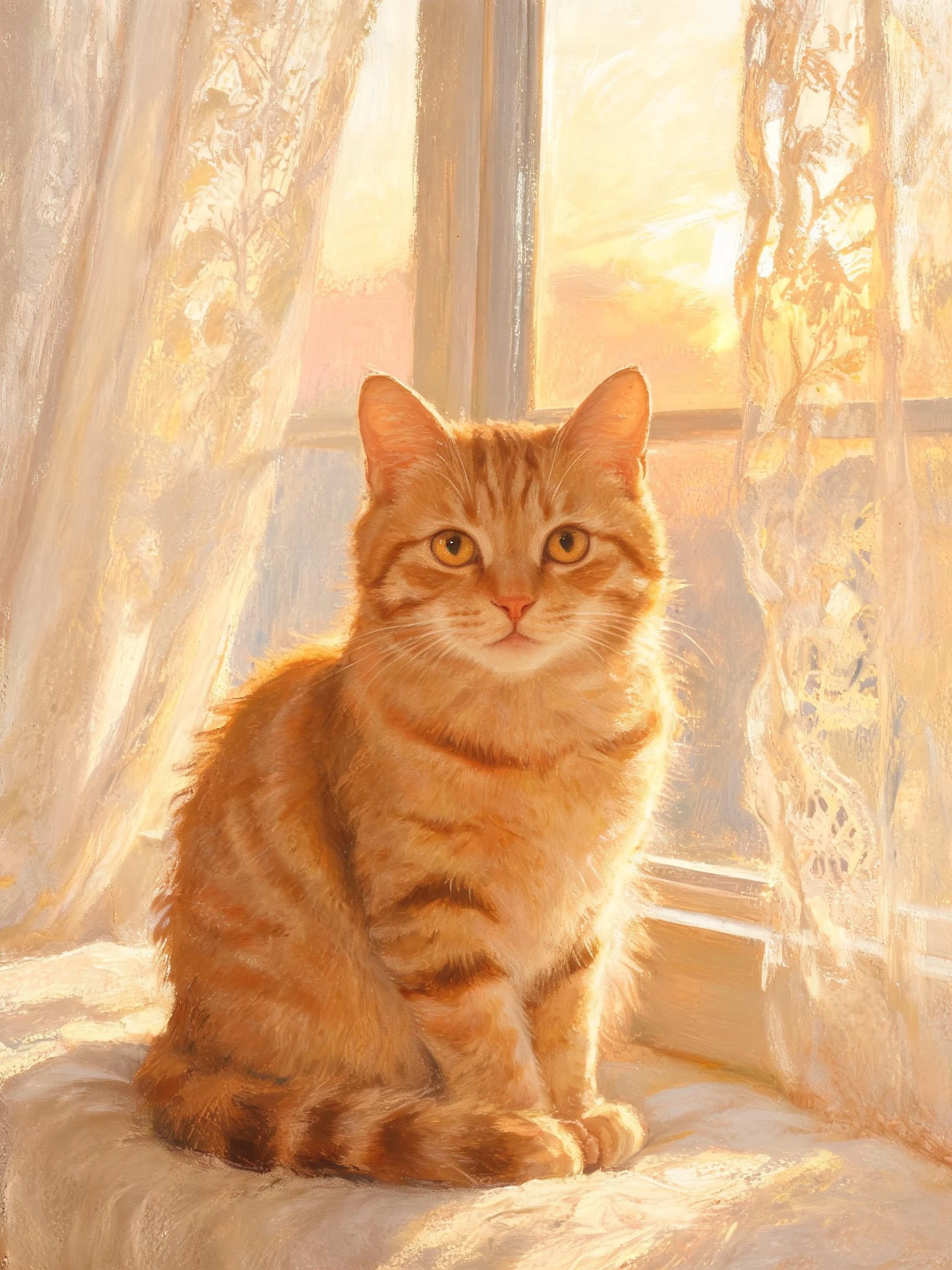 A ginger tabby cat painted in warm sunlight
