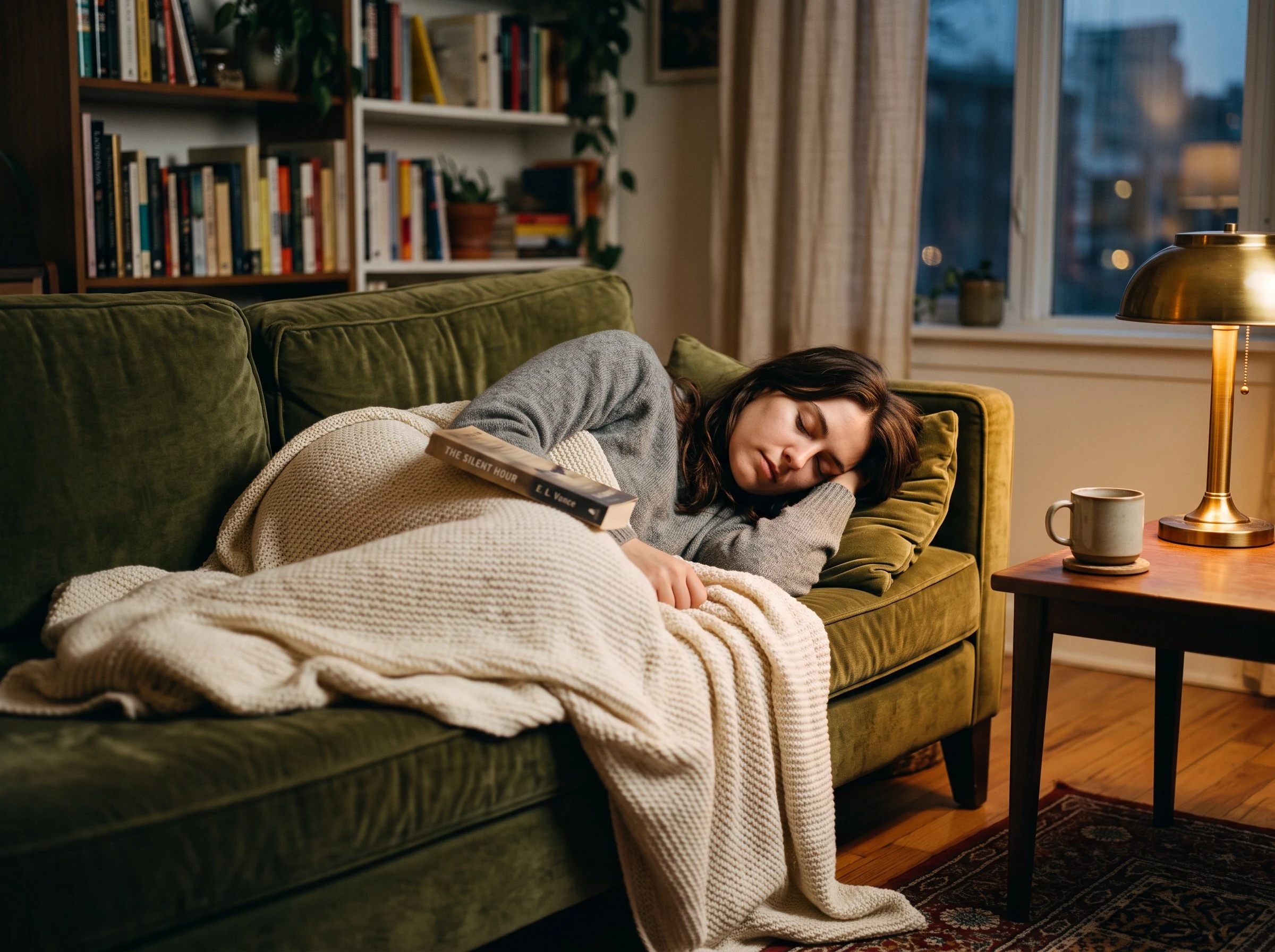 a girl asleep on a moss-green sofa, a book rising and falling on her chest, tea gone cold