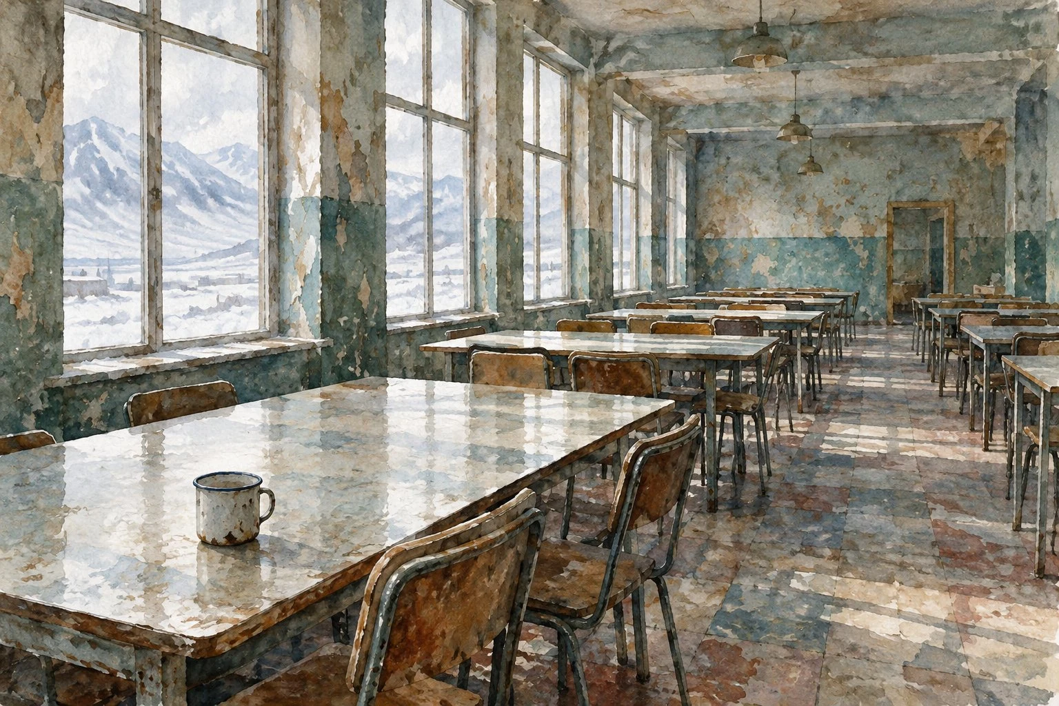 Watercolor of an abandoned Svalbard mining canteen: long empty tables, one chipped enamel mug in slanted light
