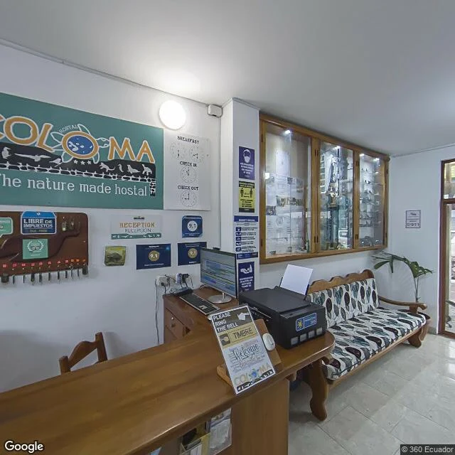 The front desk of a small hostel in Puerto Ayora