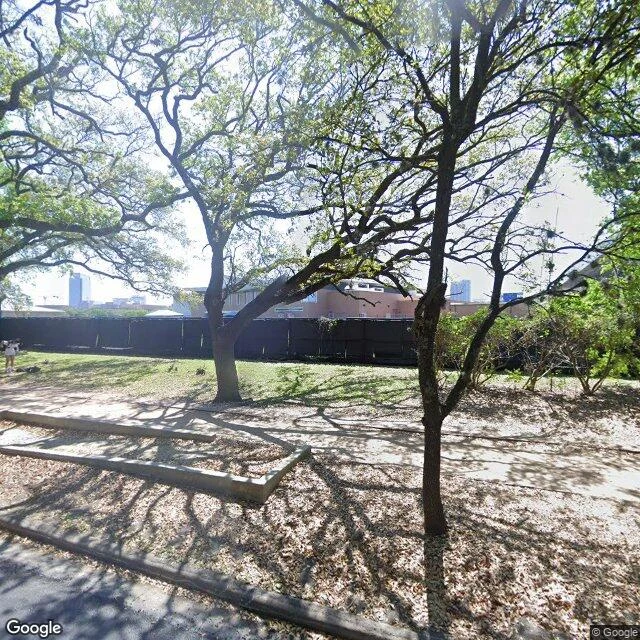 Live oaks and walkways outside Rice Stadium, campus buildings behind the fence