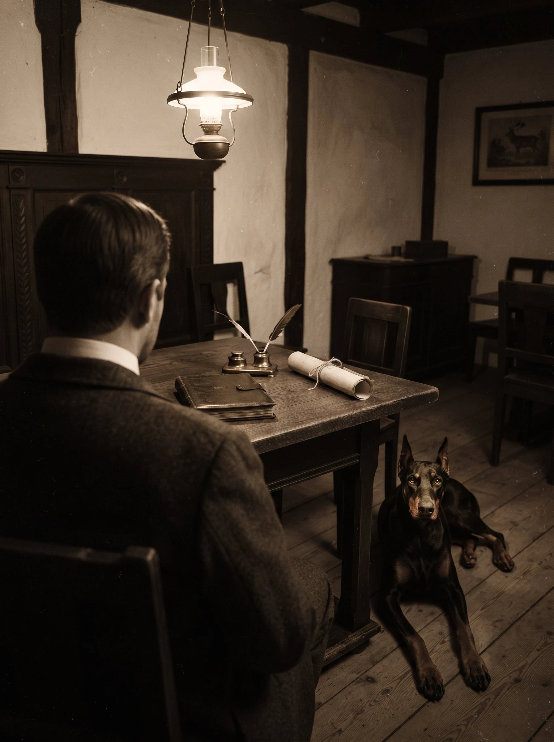 A club table in Apolda, 1899: the breed standard being written, a Dobermann at the foot of it