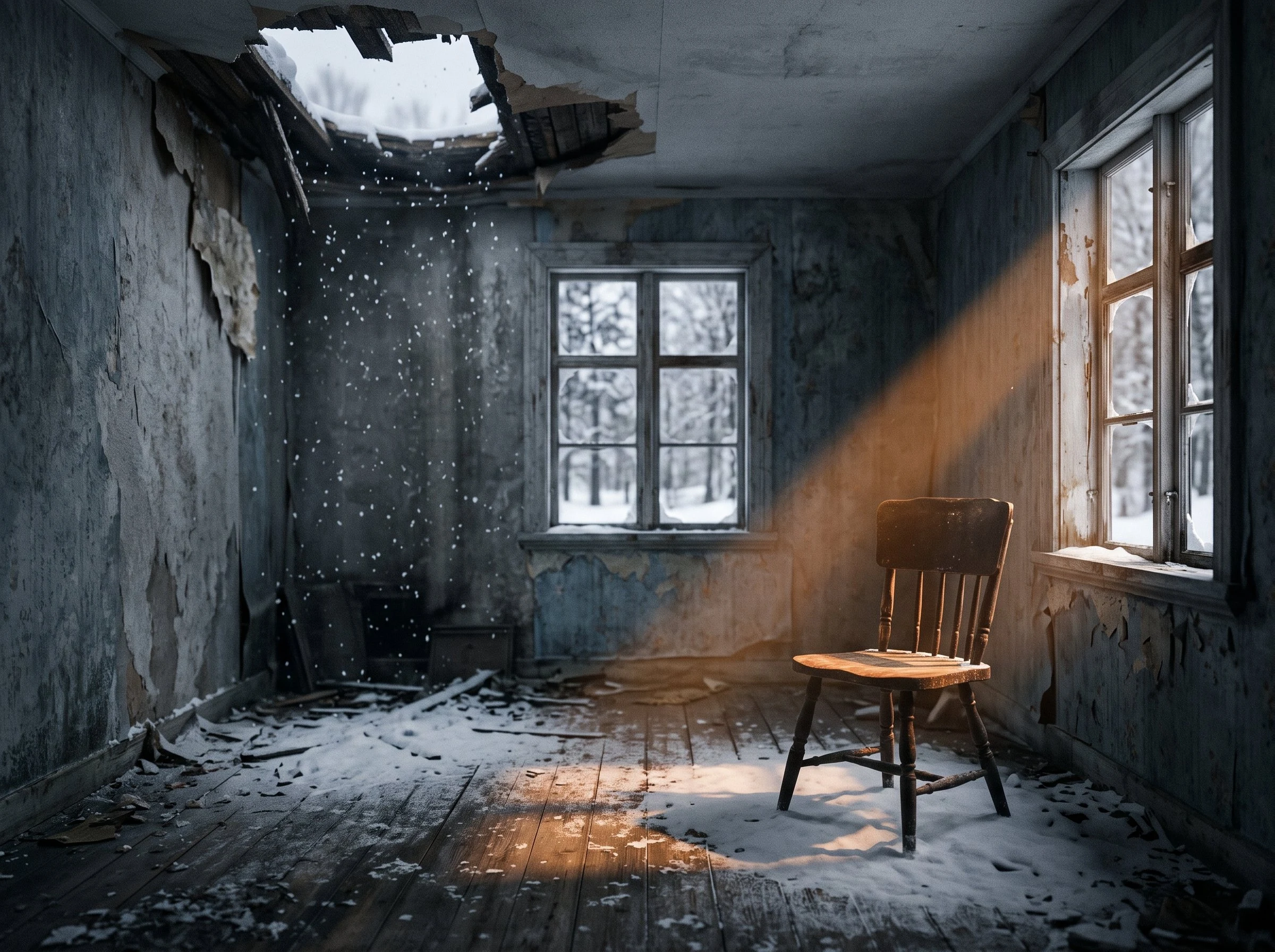 an abandoned room with snow coming through the ceiling and a single chair in warm light