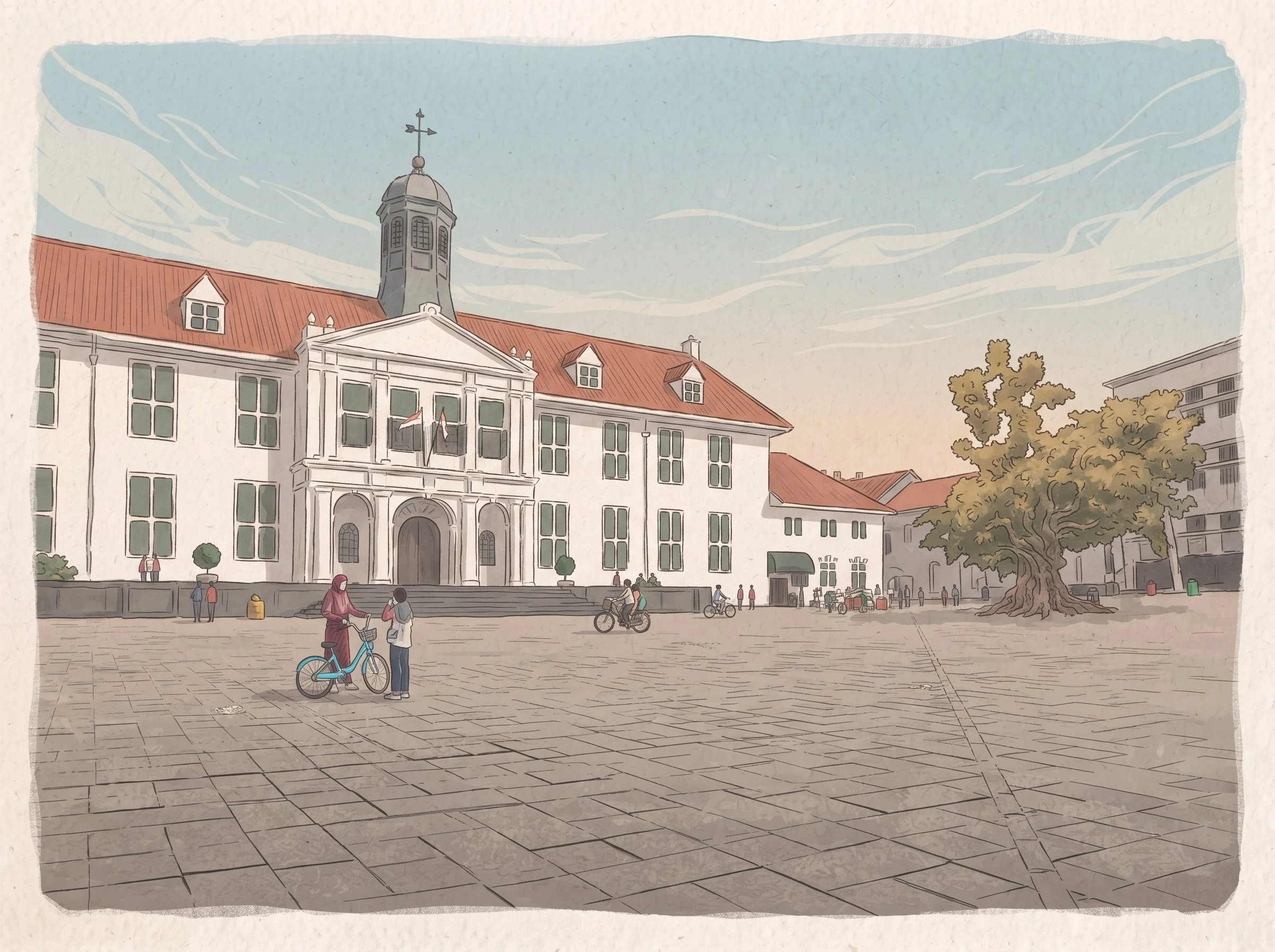 An illustrated postcard: Taman Fatahillah, Jakarta
