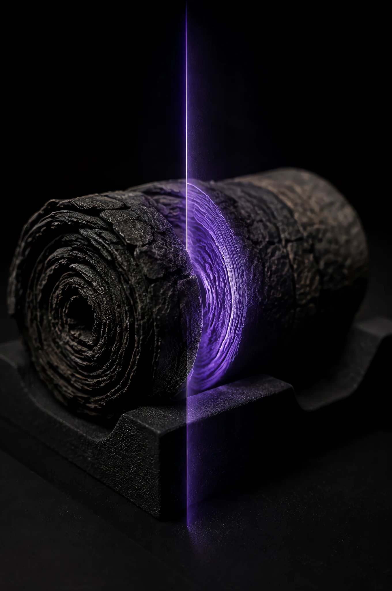 The Late Light No.3: a charred Herculaneum scroll with a violet slice of light inside it