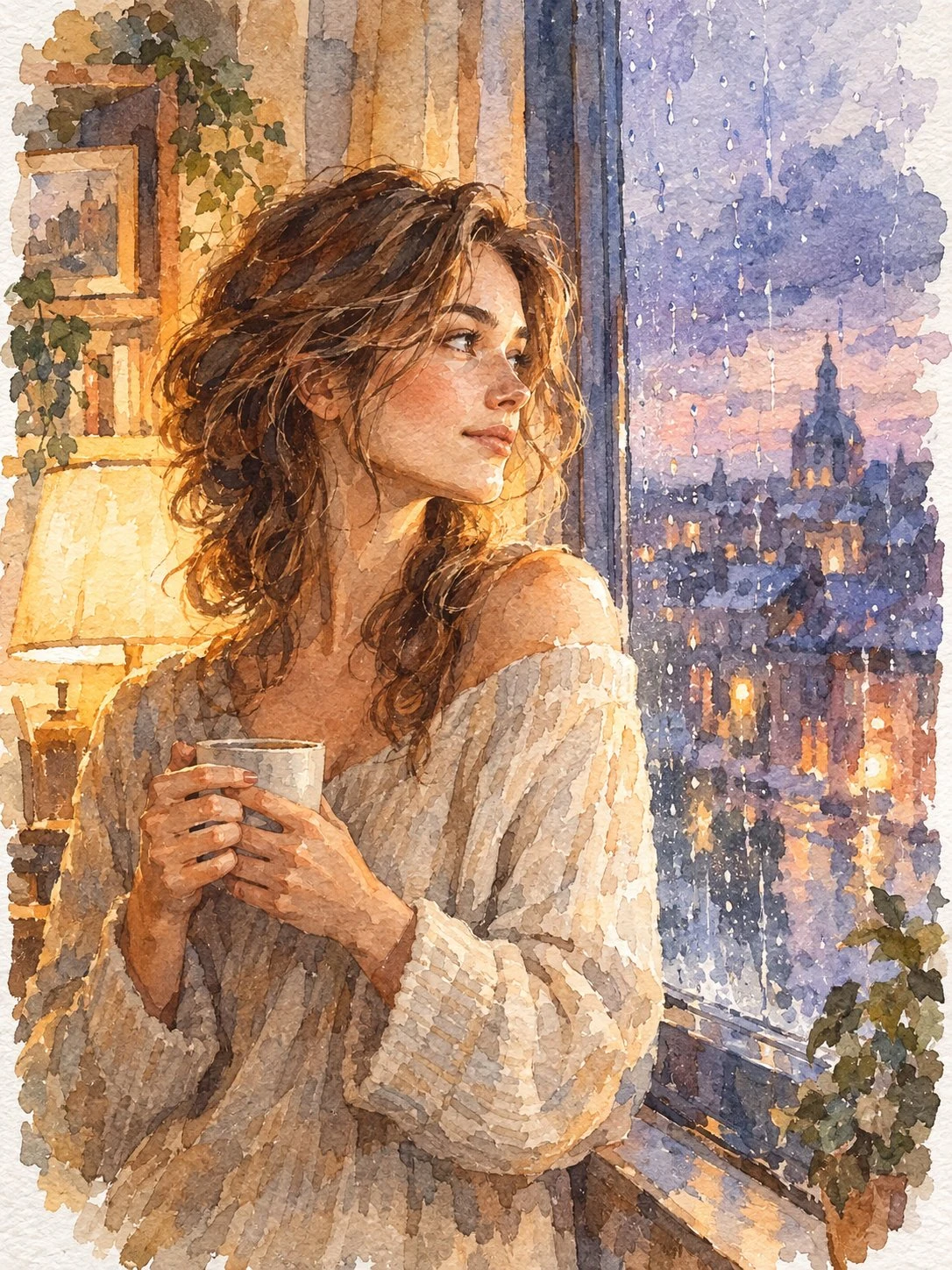 Watercolor portrait, woman at a rain-streaked window