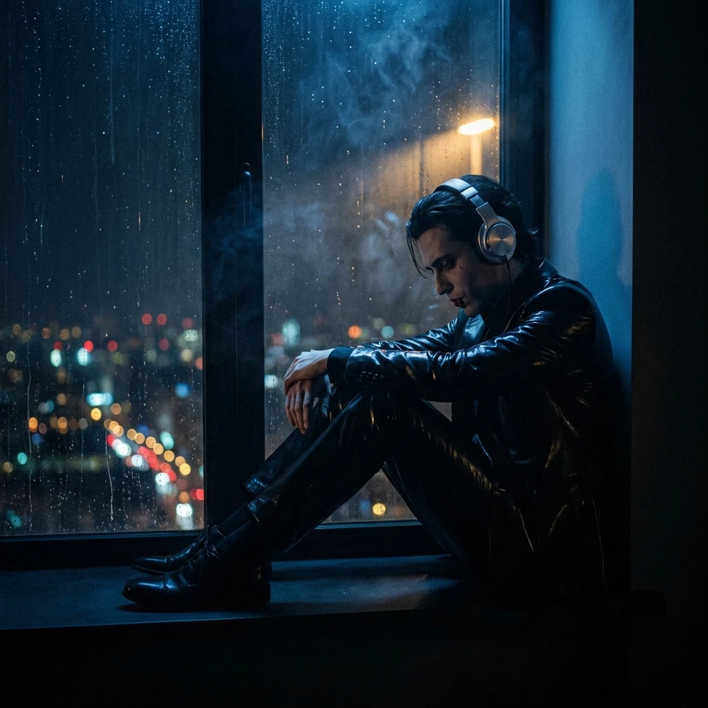 2 A.M. You cover art: a figure at a rain-streaked window in inky blue night