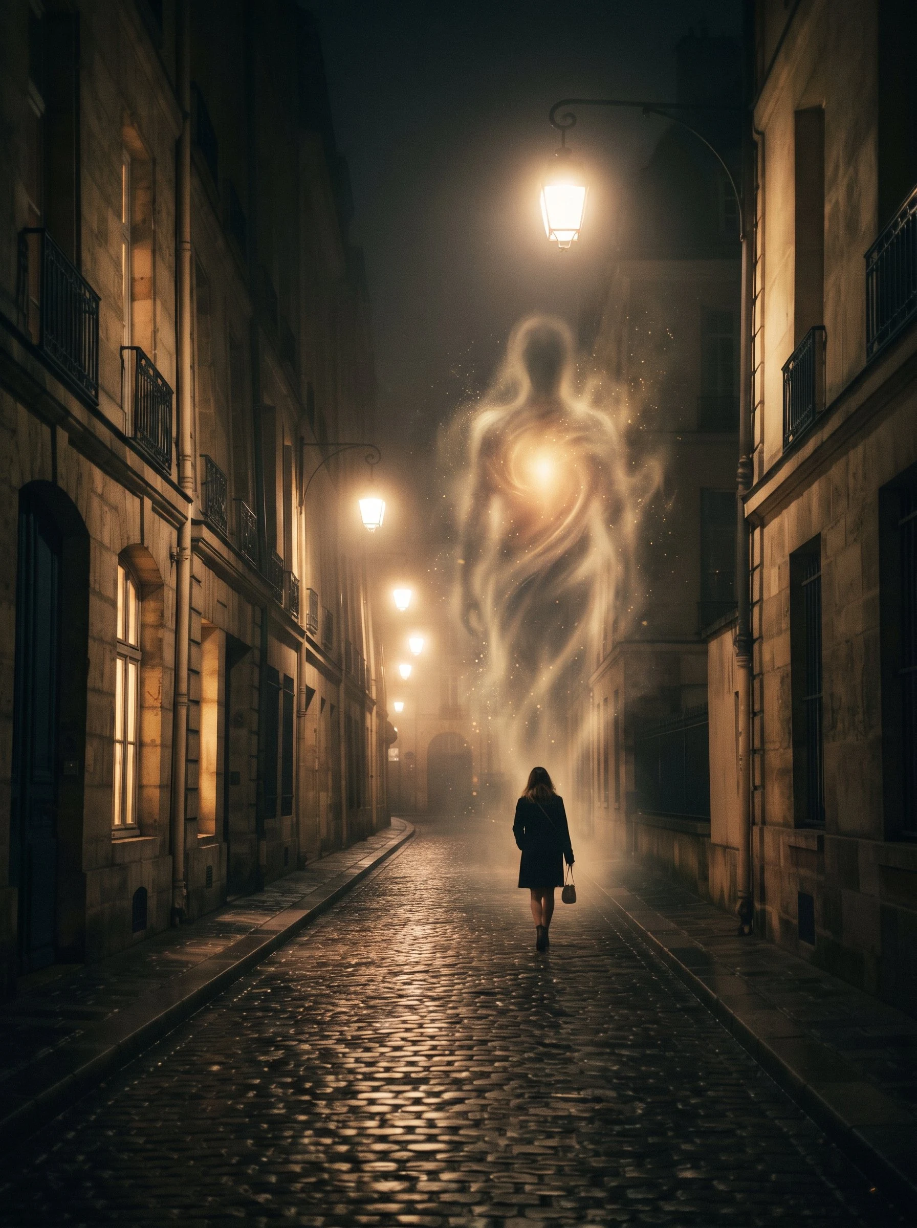 The end of a lamplit street; a traveler walks home and is not walking alone.
