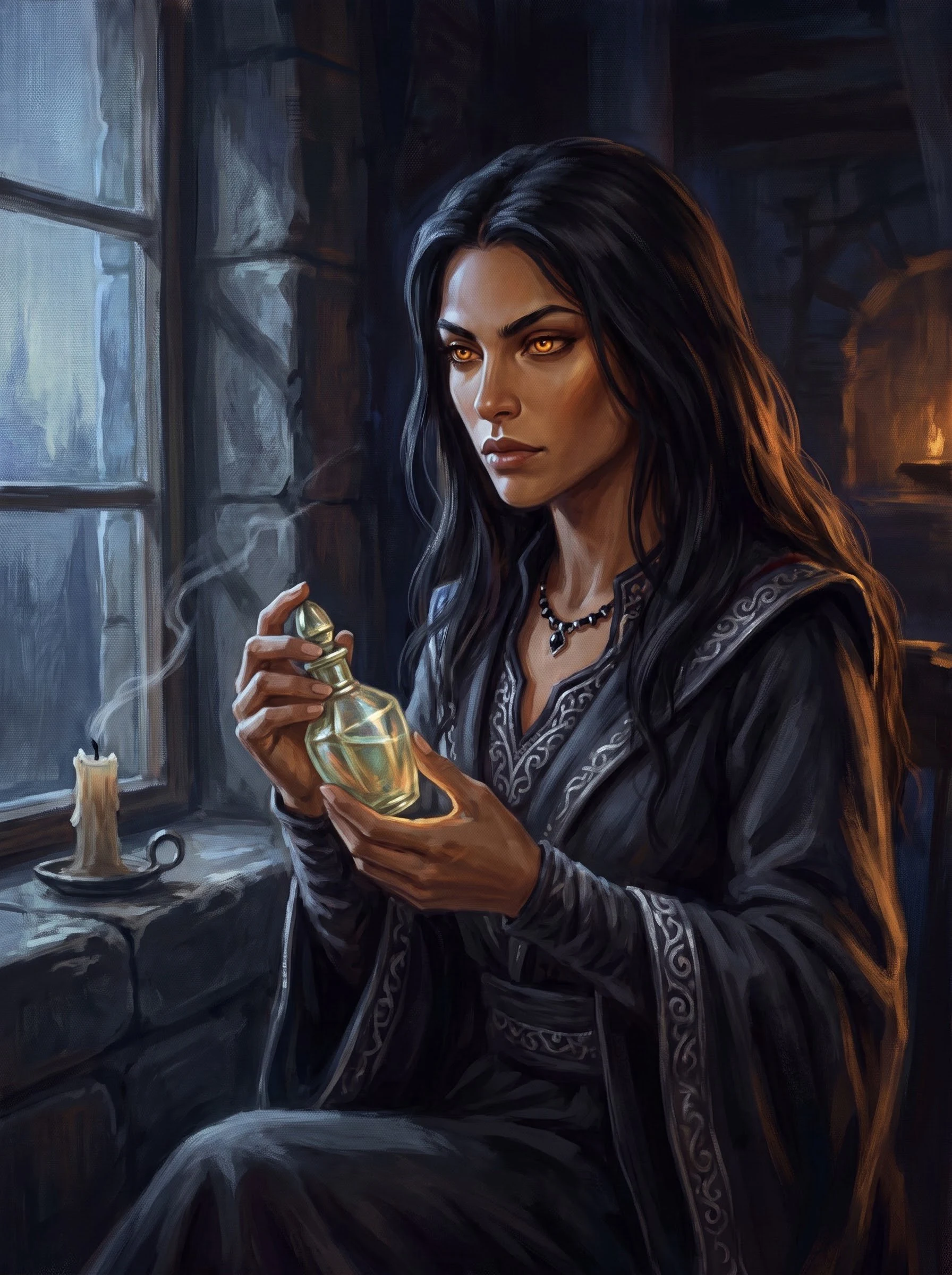 The Keeper, at First Light: a woman in a stone room with a glass bottle and a spent candle