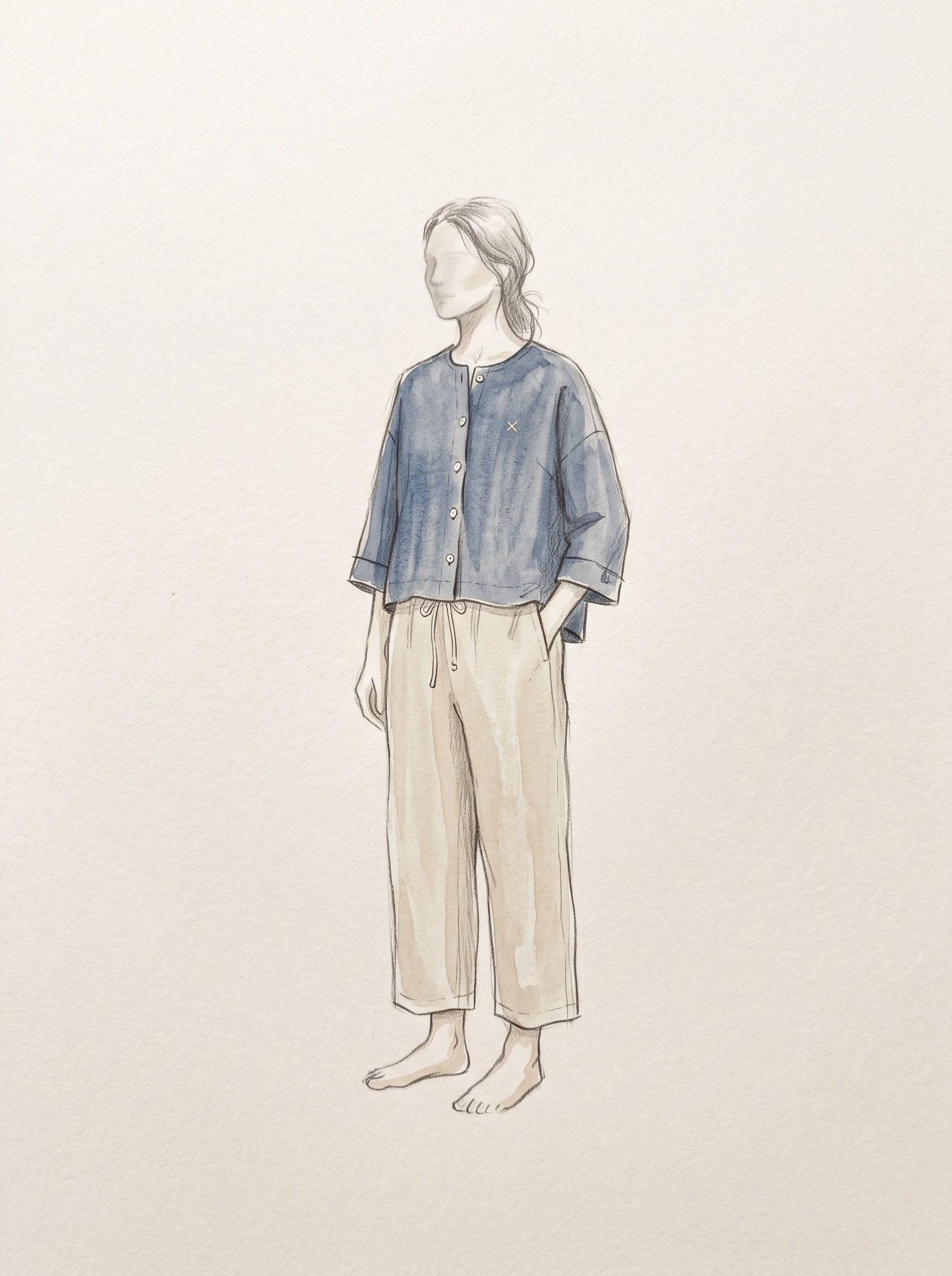 A finished-look illustration of a boxy collarless shirt on a figure