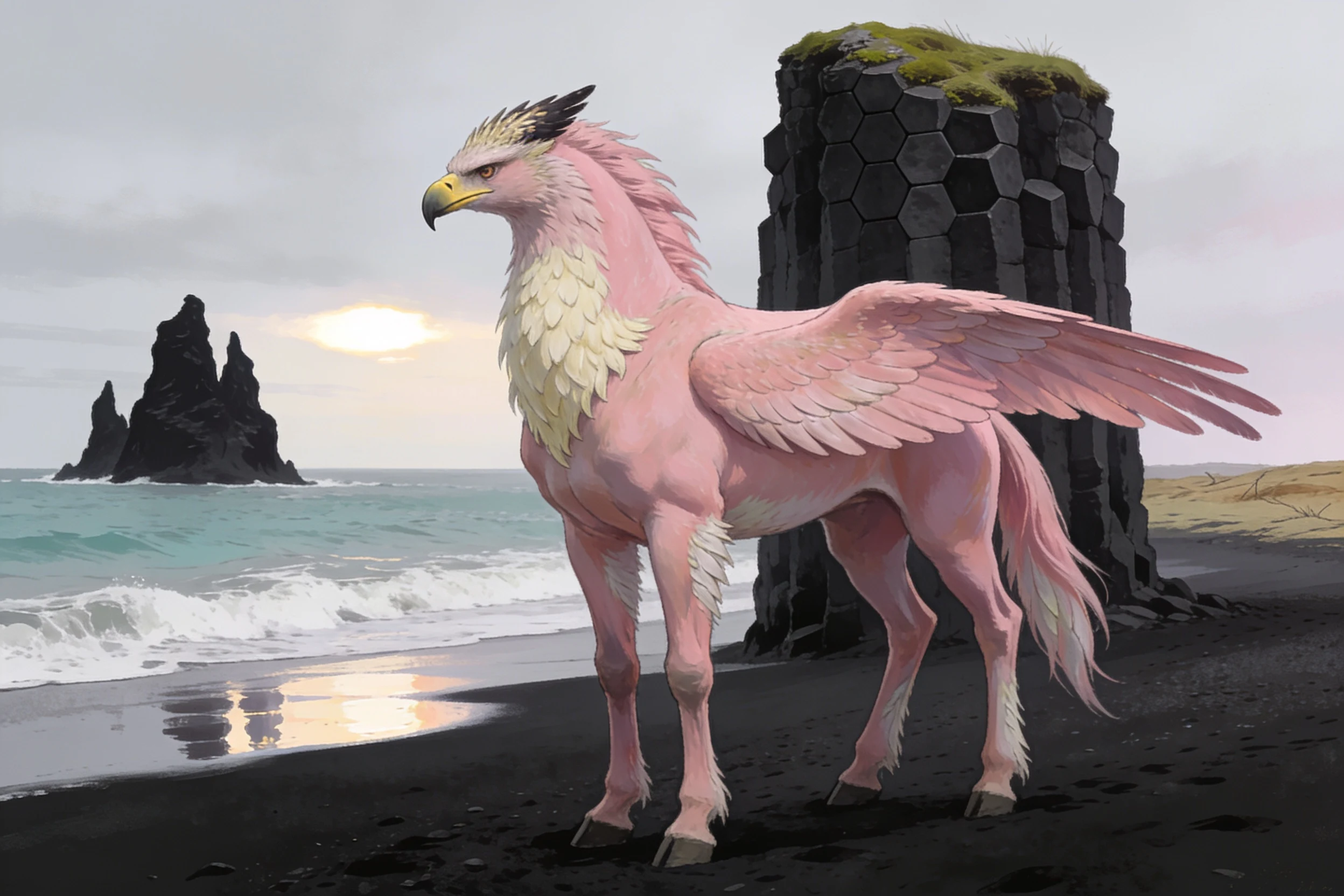 A character on the black volcanic sand at Reynisfjara, Iceland