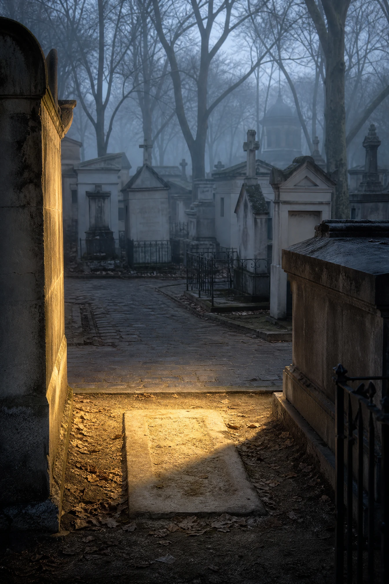 The Late Light No.1: Malika Kishwar — a low winter beam falling on a worn empty slab in Père Lachaise