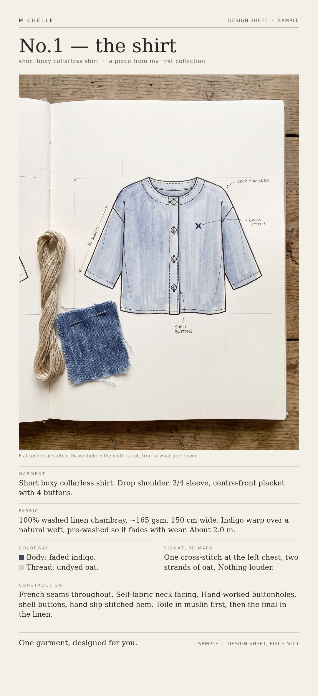 A flat technical design sheet for a shirt, with fabric and construction notes