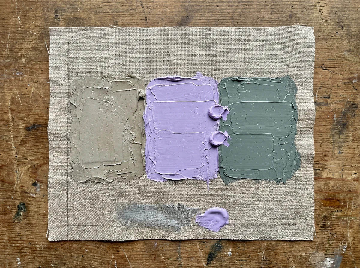 Three thick bands on linen: warm grey, lilac, cold grey-green.