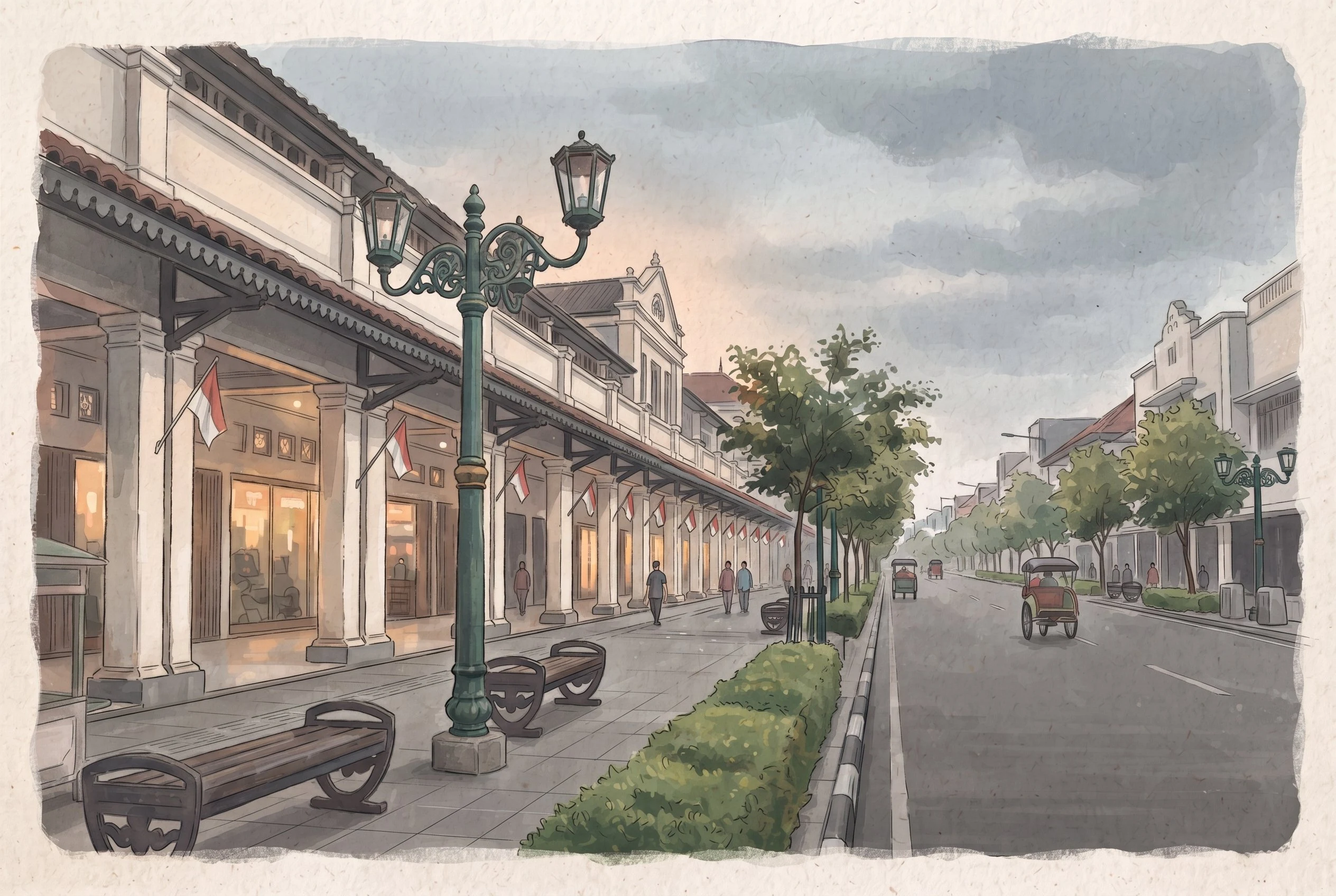 An illustrated postcard: evening on Jalan Braga, Bandung