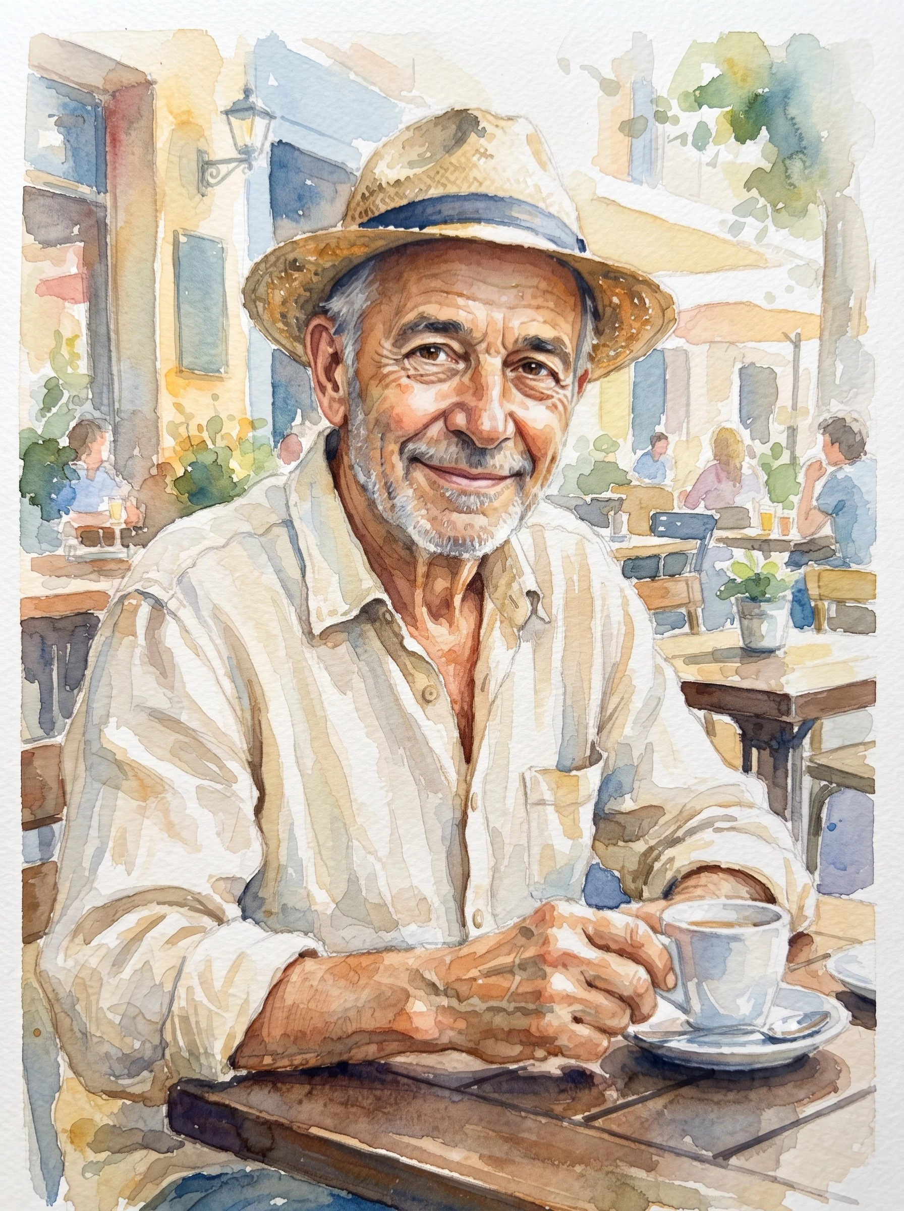 Watercolor portrait, a cafe regular