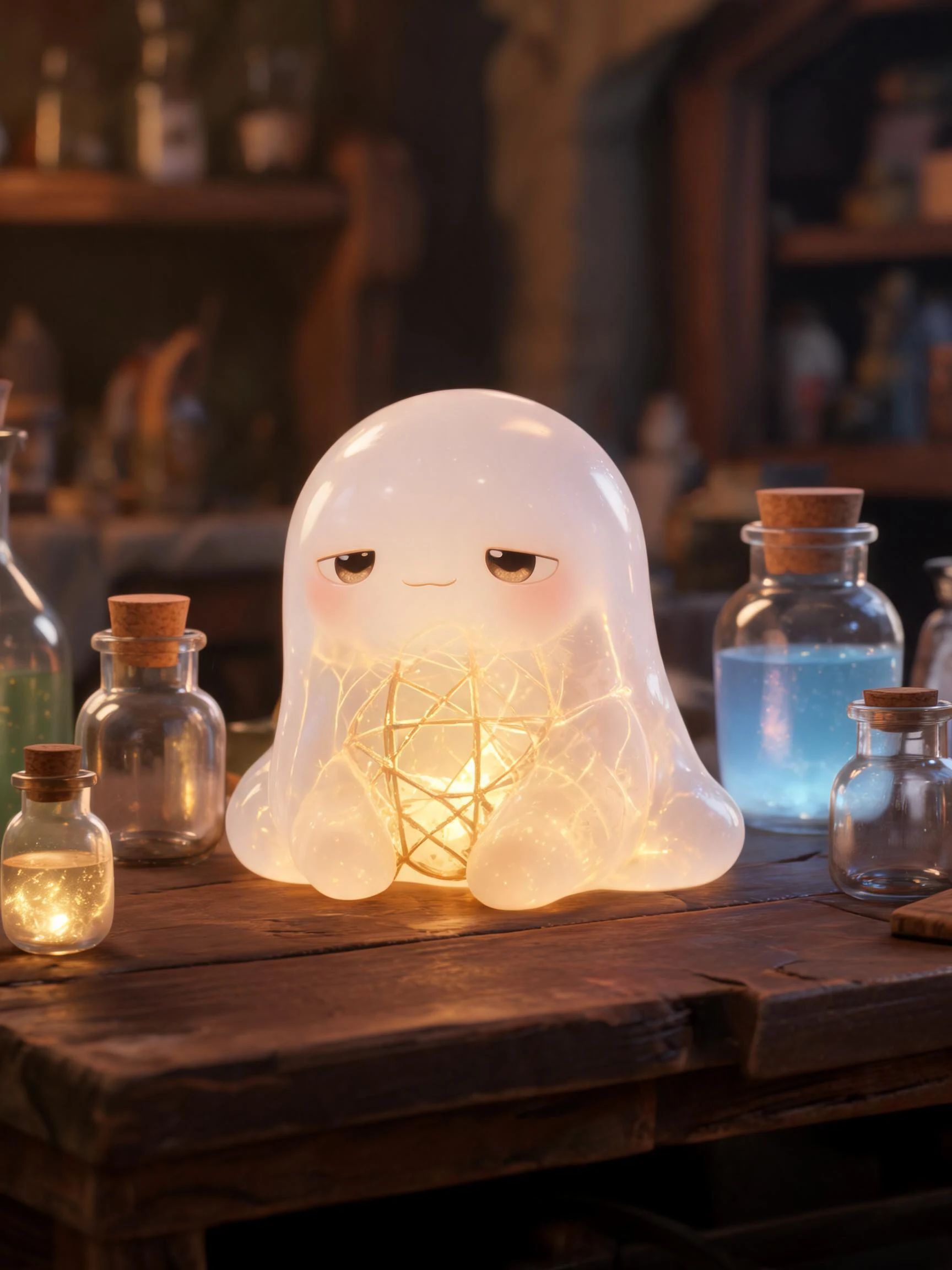 Milly, a calm white slime with a golden lattice glowing through her core, sitting on a bench with jars around her.