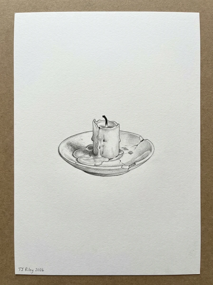 A candle burned down to a stub, on a mended saucer.