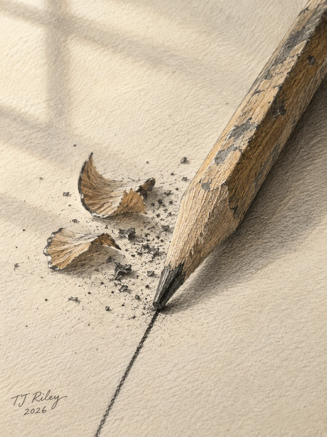A worn hex pencil, chipped paint, one shaving curled off the tip.