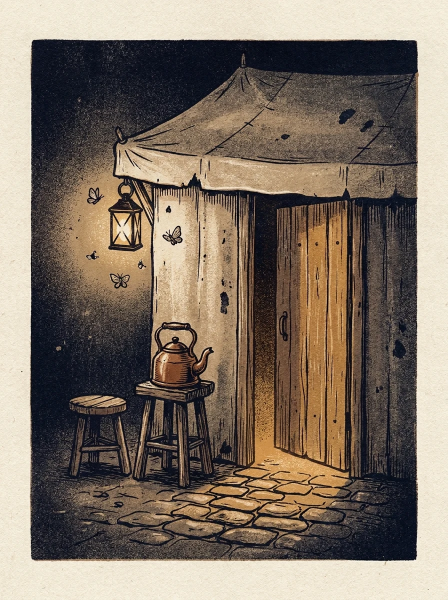 Ink-dark illustration: a lit lantern, a kettle on a stool, an open door with light on the cobbles.