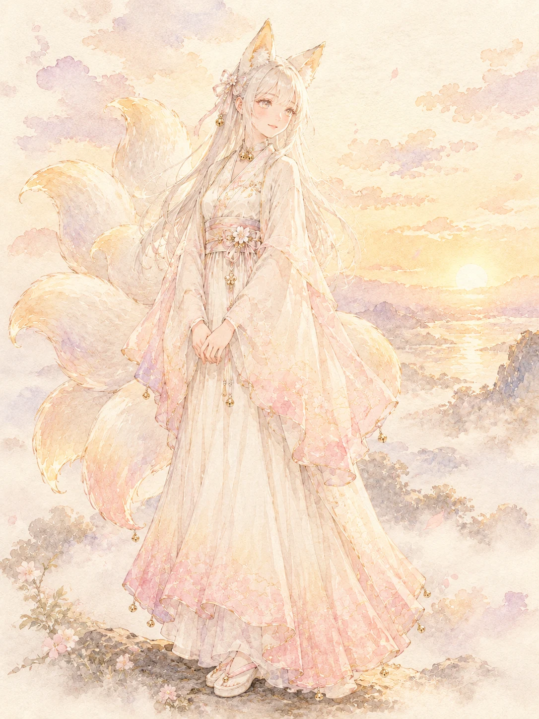 watercolor portrait of Hikari, a fox at dawn, gold light on the bells at her throat