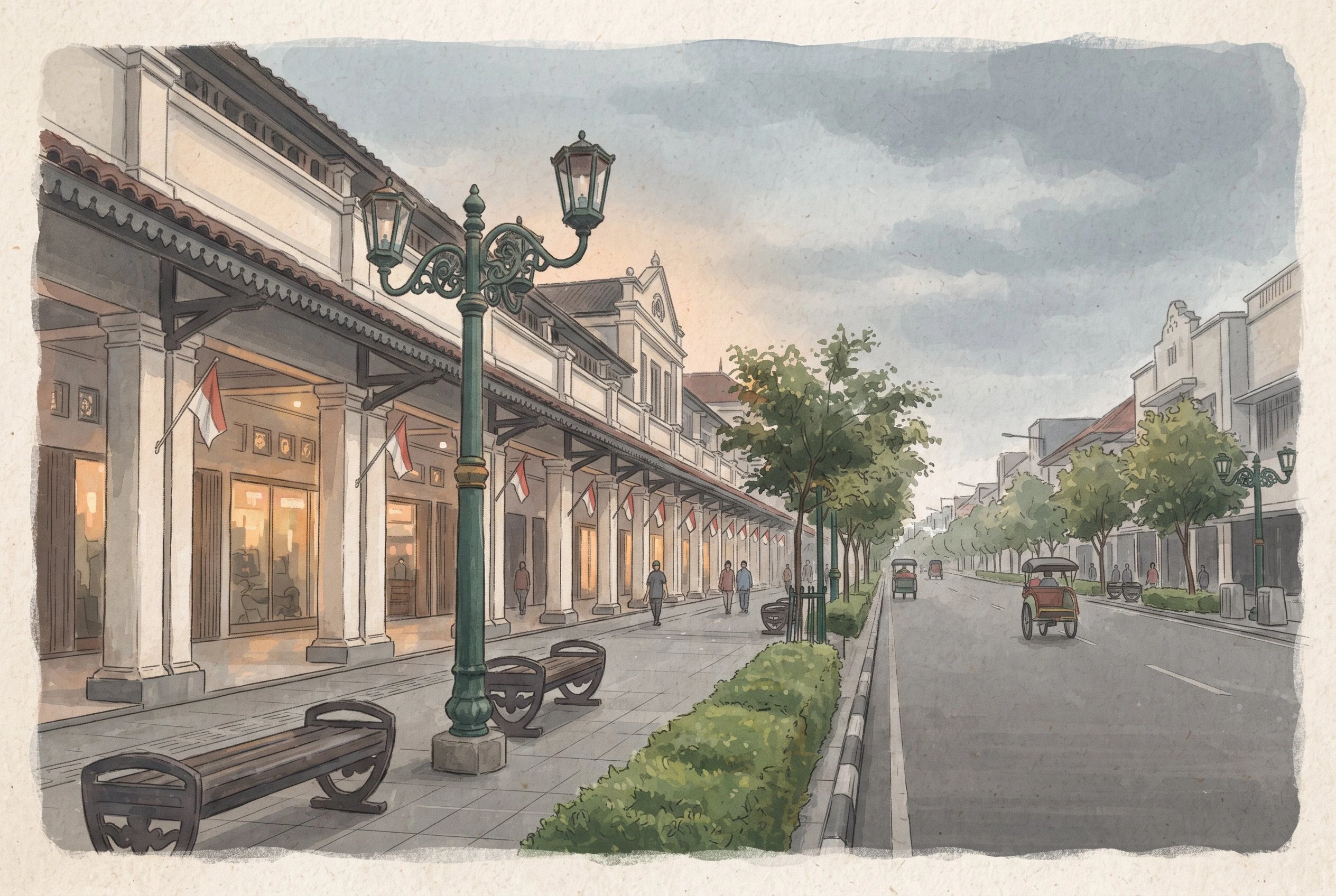 An illustrated postcard: a two-story colonial arcade in the afternoon, Jalan Malioboro, Yogyakarta