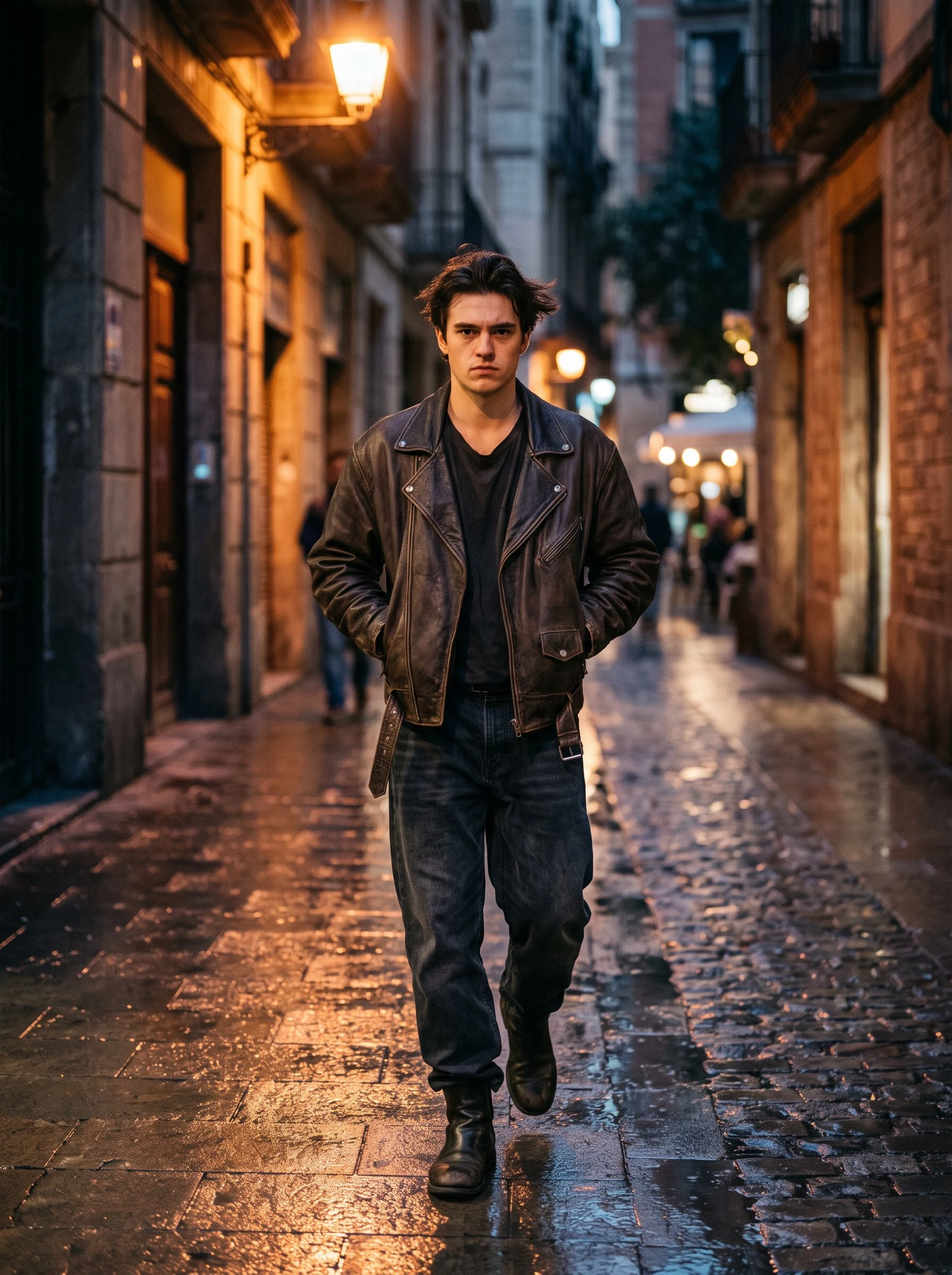 a man mid-stride, orange light