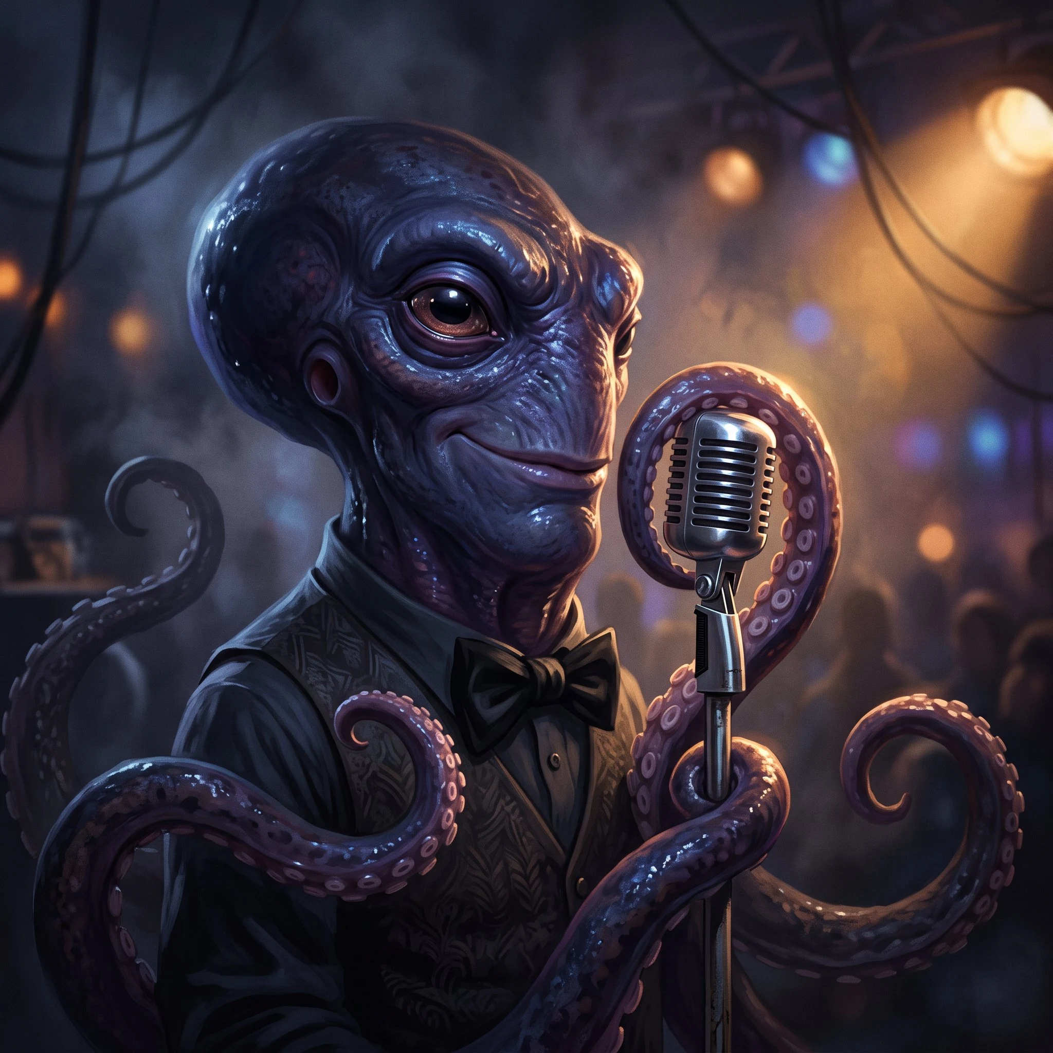 Portrait: an indigo octopus in a loosened bow tie, one eye in warm light, the rest in shadow, beside a mic stand.