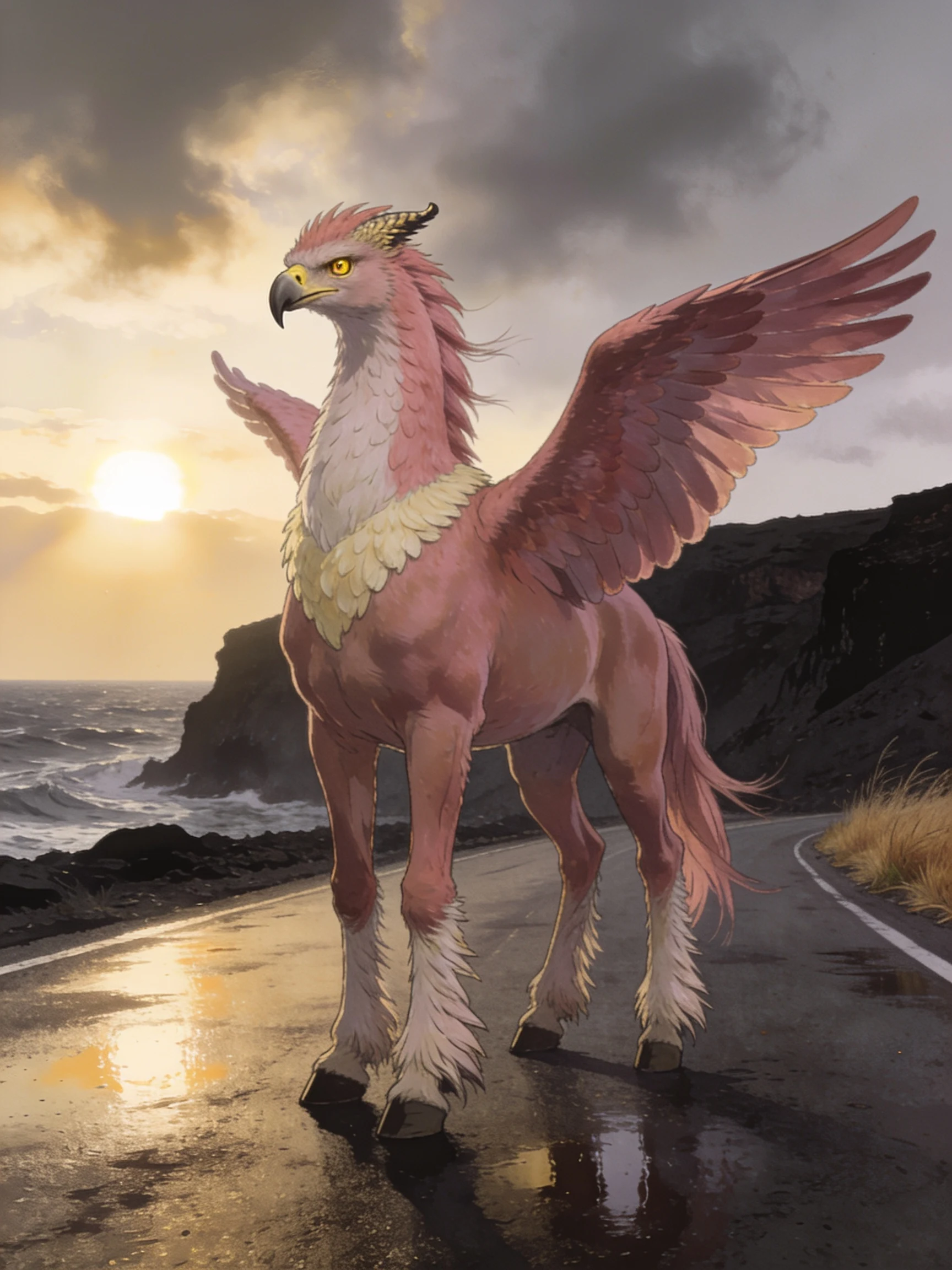A character on a wet coastal road at dusk