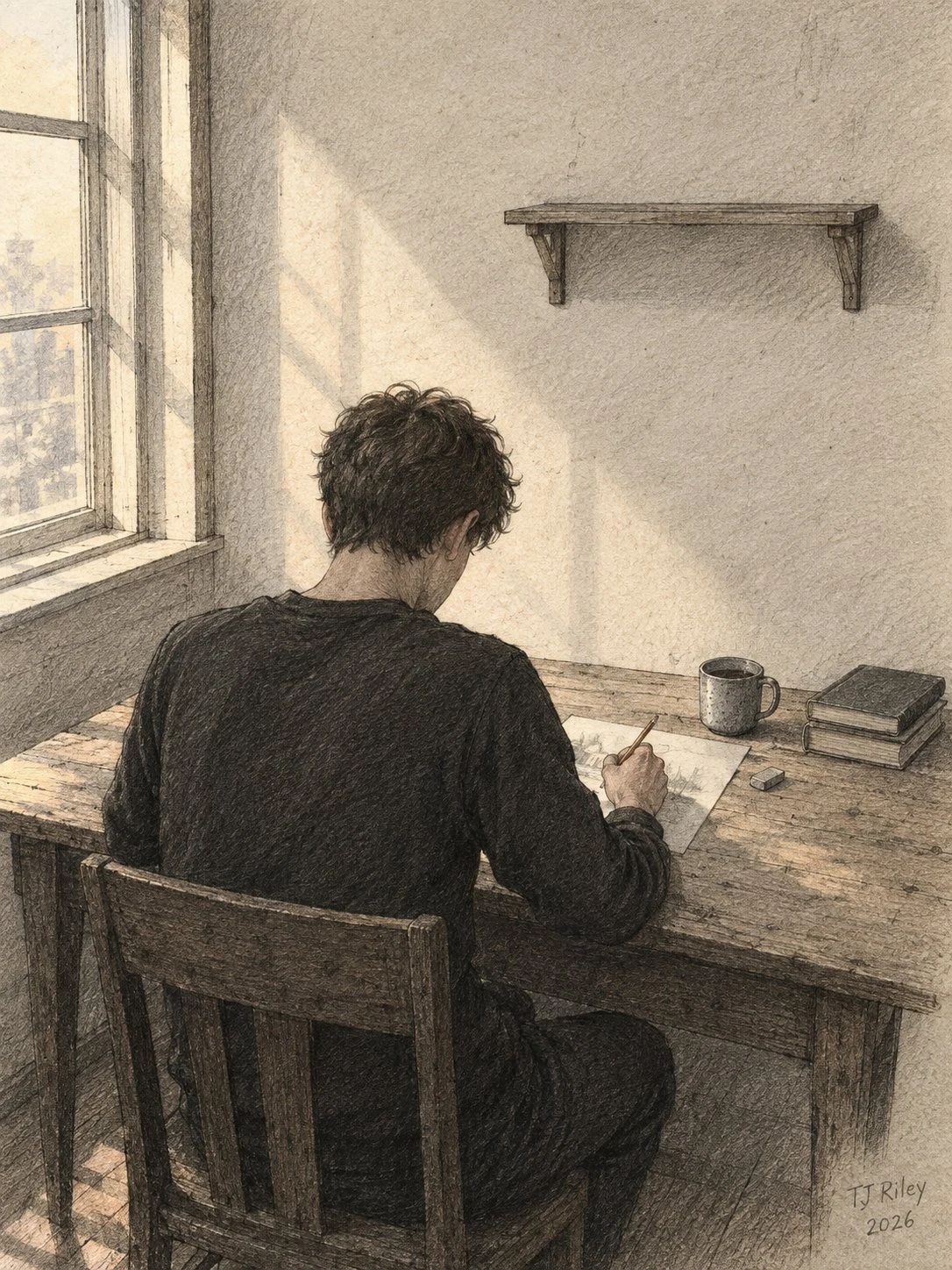A self-study from behind: a figure at a desk, mid-stroke.