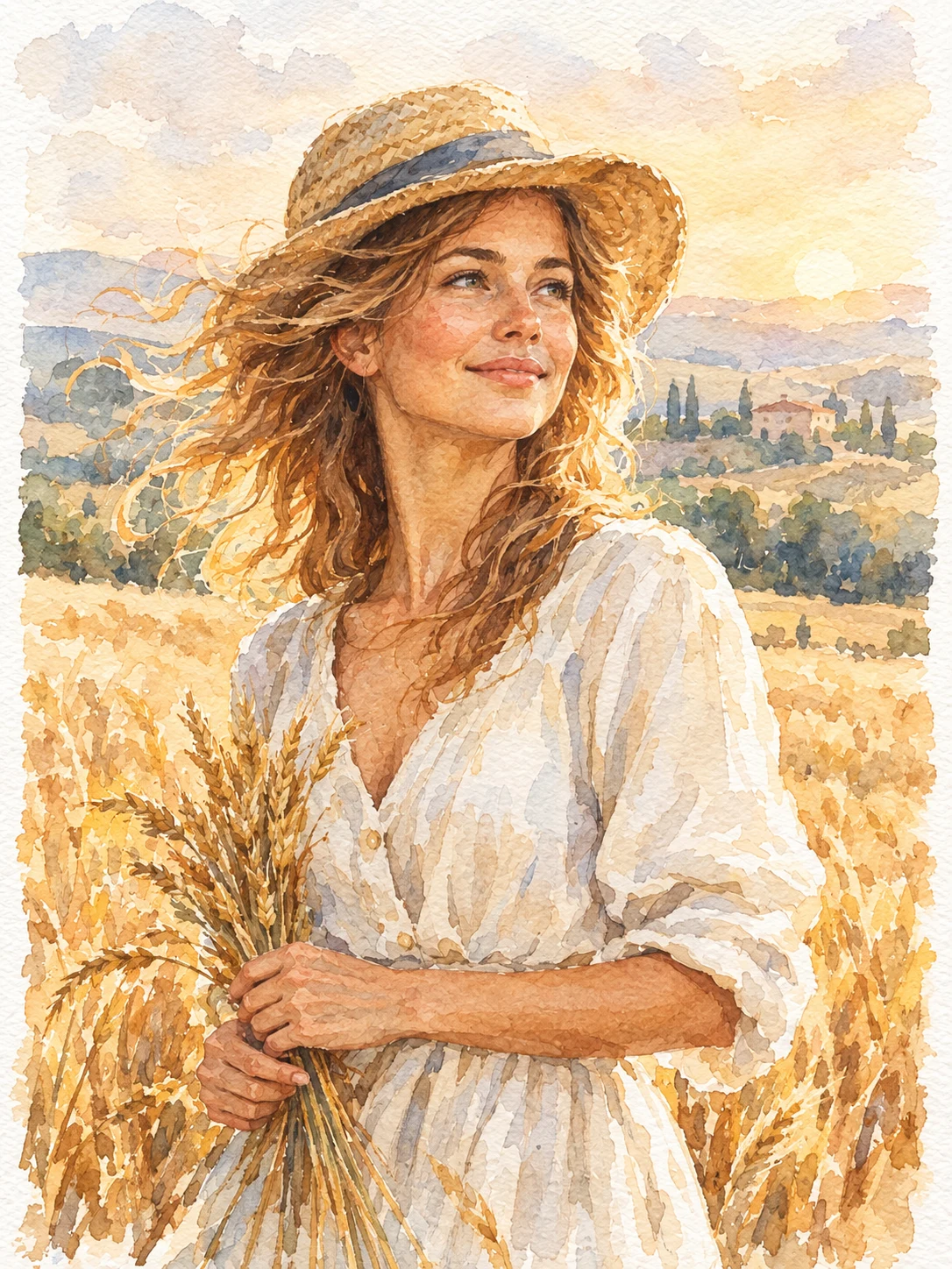 Watercolor portrait, woman in golden field light