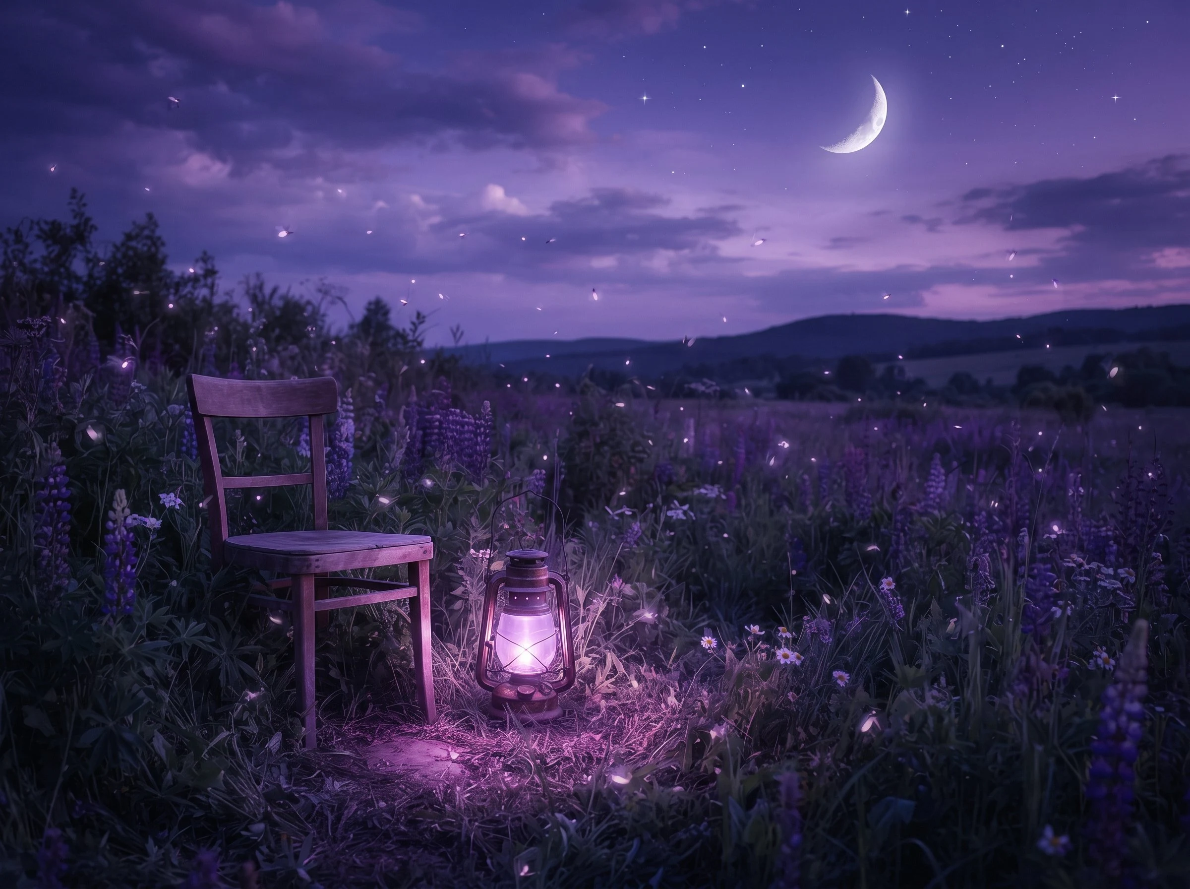 Purple Weather — the word was purple. Lupine meadow at night, one lantern still lit.