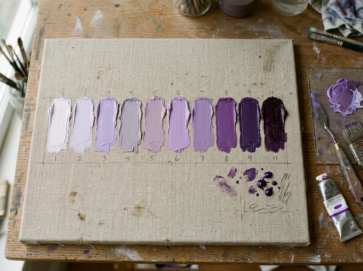 Ten lilac swatches in a row, from pale lavender to almost black, on raw linen.