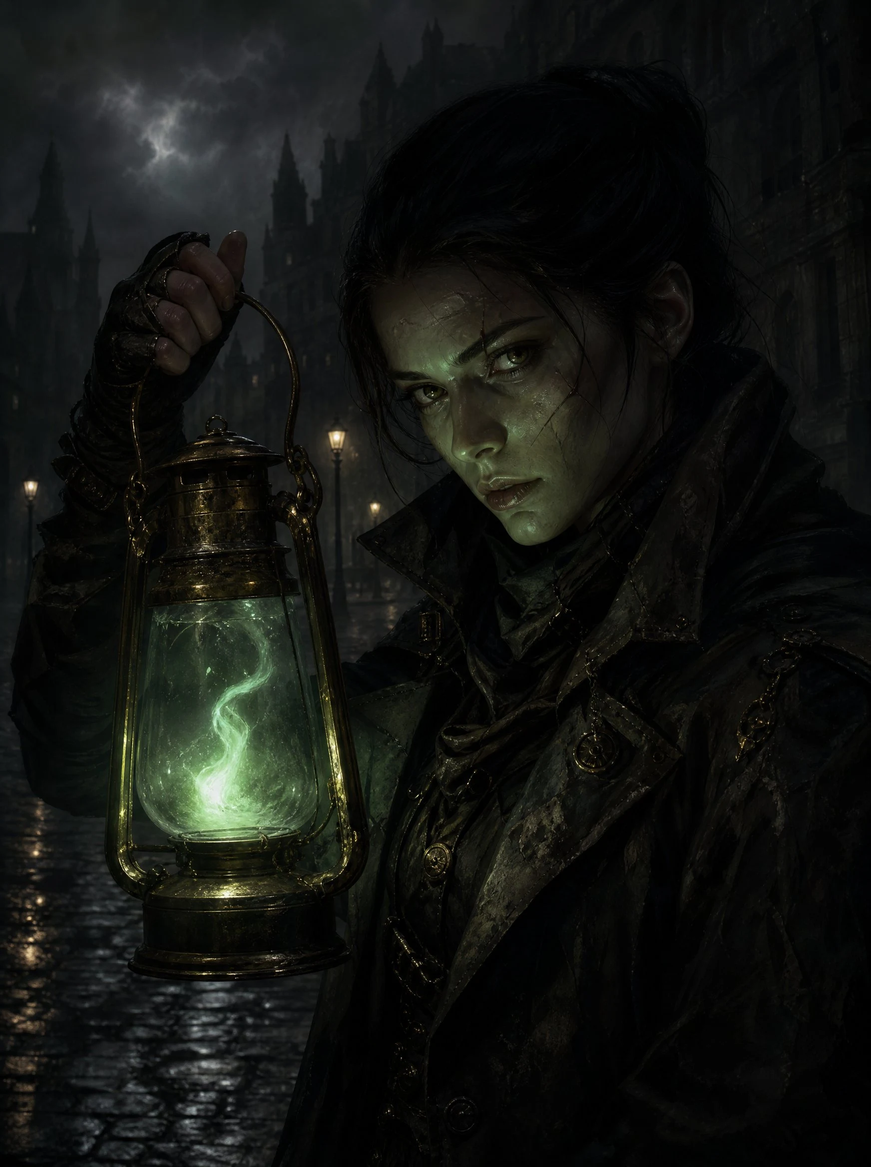 A lamplighter holding a stolen piece of someone else's afterlife in her lantern.