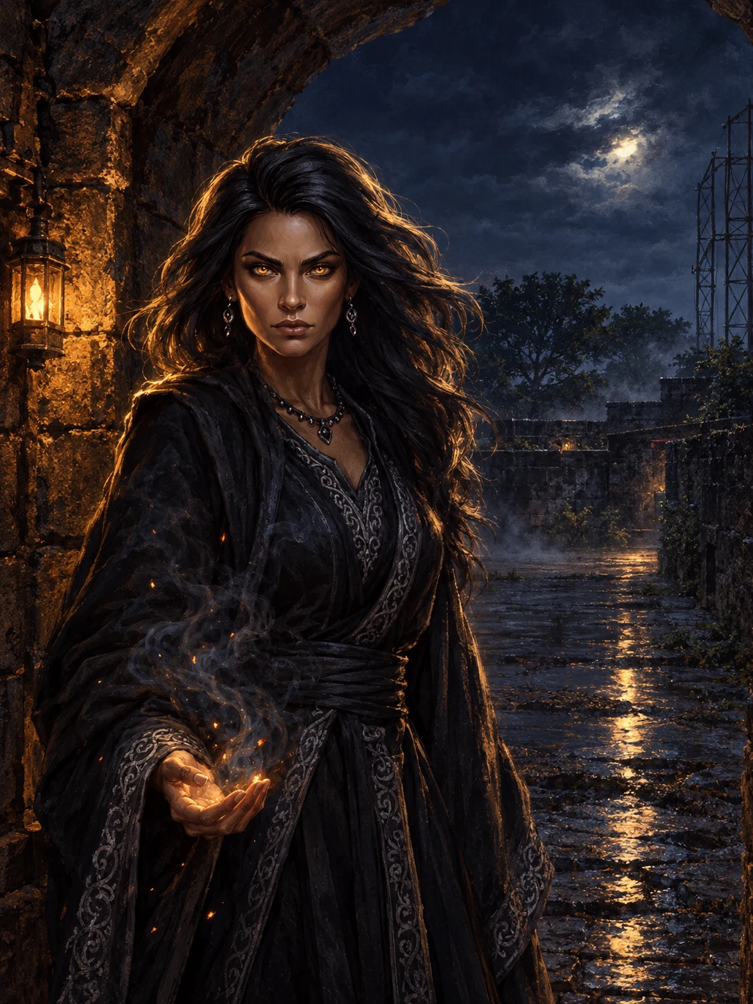 Night watch: a figure at a stone arch holding a small flame, rain-wet courtyard behind
