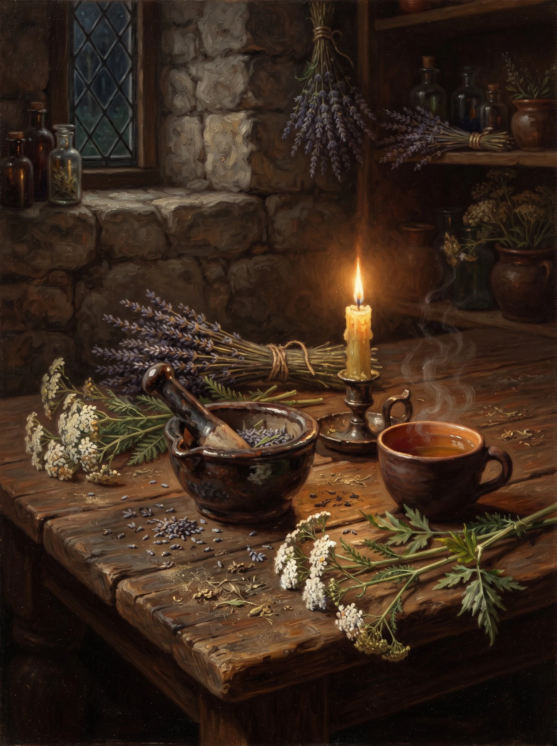 Still life: lavender, yarrow, angelica, one candle.