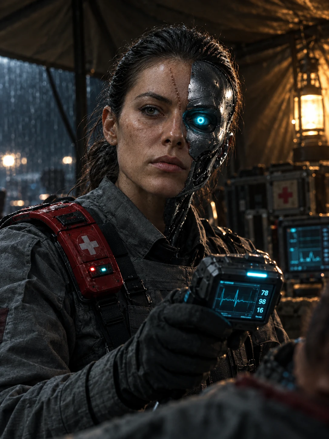 cyborg medic, rain-soaked triage