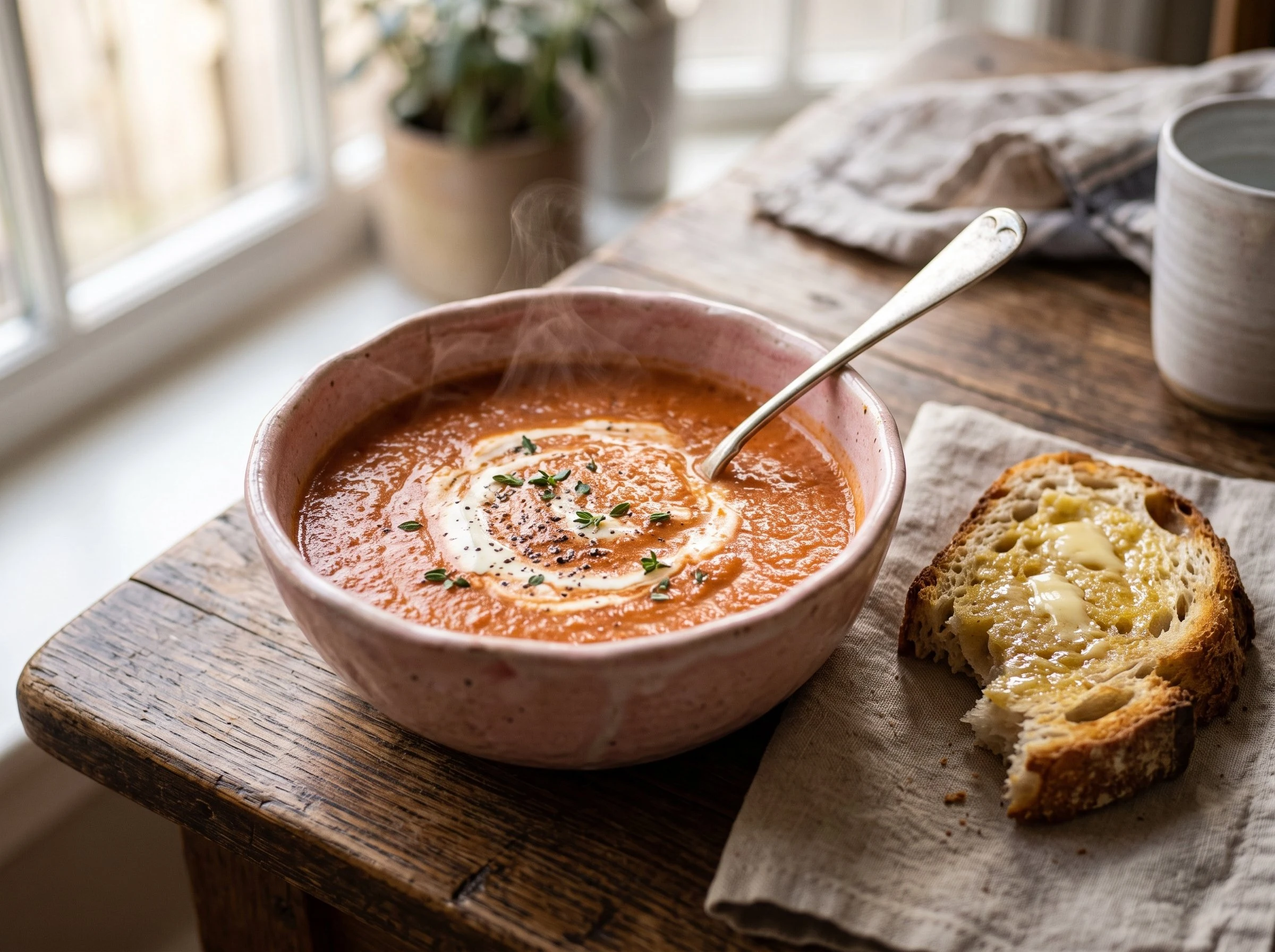 A pink bowl of tomato soup with a swirl of cream, thyme, and buttered toast torn by hand