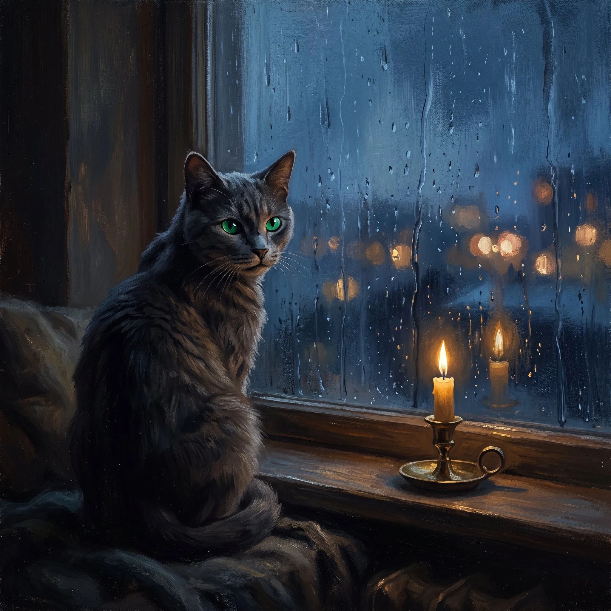 slate-grey cat on a dusk windowsill, head turned back toward the room, rain on the glass, one candle reflected