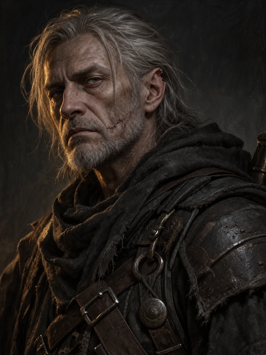 A horned, battle-worn figure, hard light from the left, one ear bitten off.