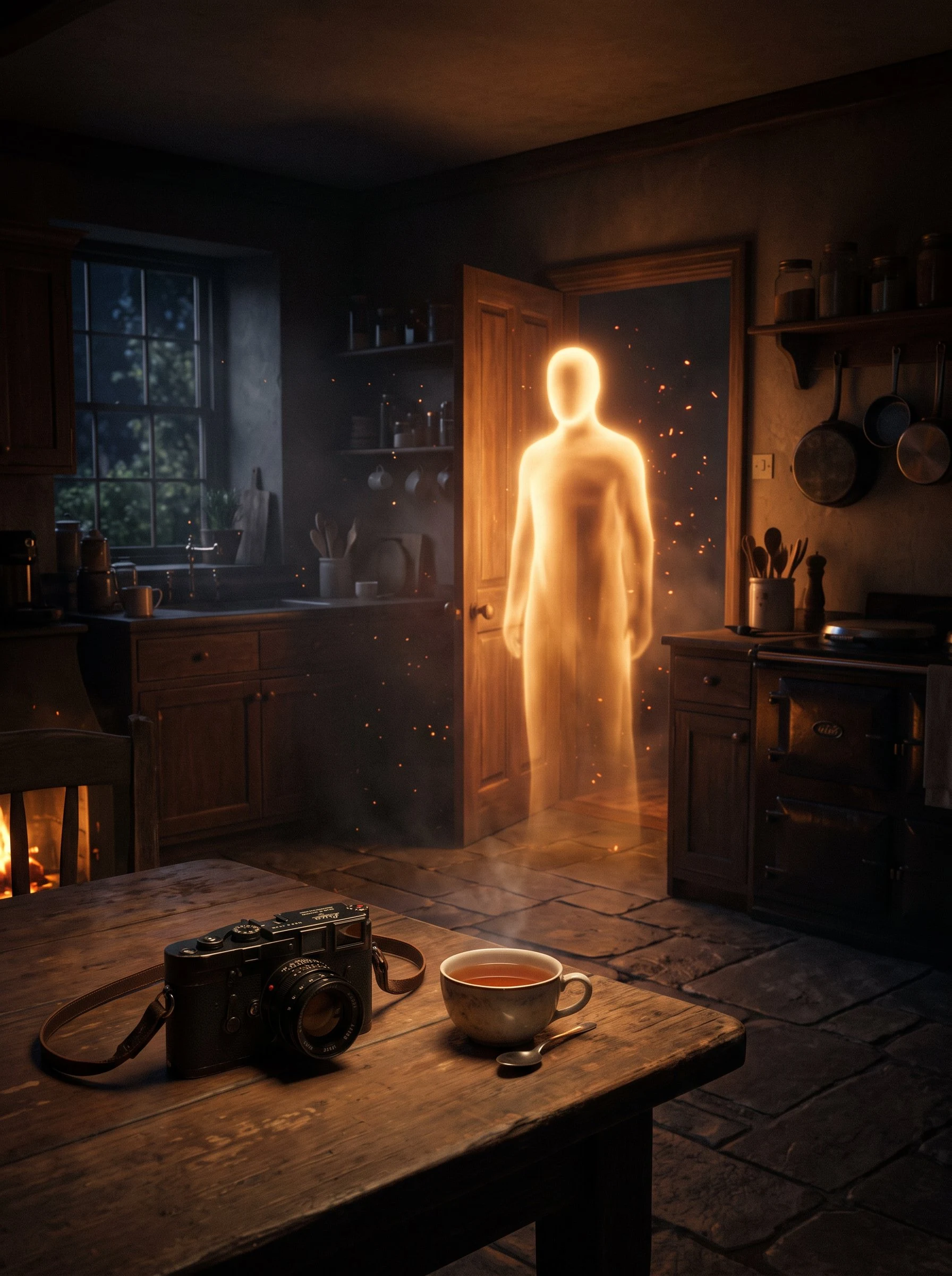 A sample piece: a kitchen at night, the camera left on the table, and the missing person standing in the doorway of light.