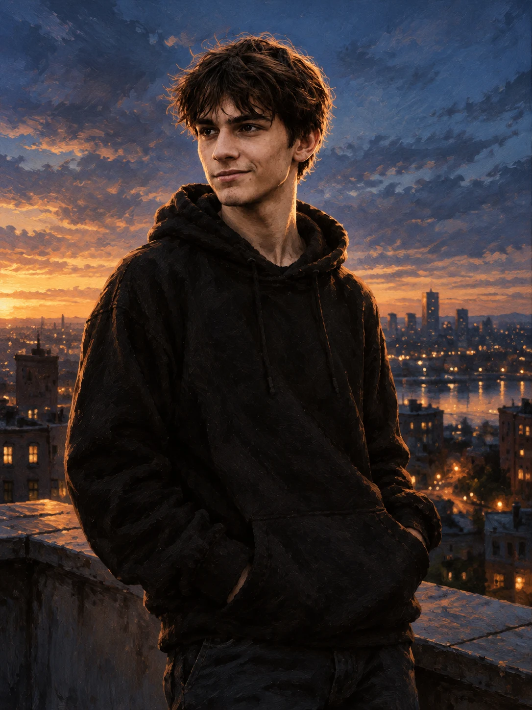 a face on a rooftop at dusk