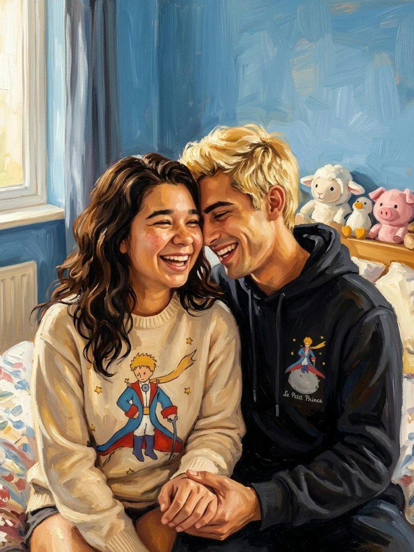 Painted portrait of a couple sitting shoulder to shoulder on a bed, laughing, plush toys lined up on the headboard behind them